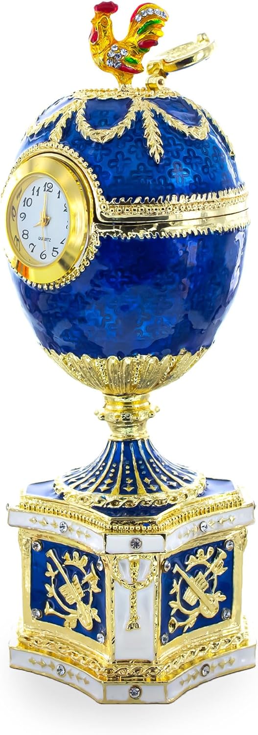 BestPysanky 1904 Kelch Chanticleer Blue Enamel Royal Imperial Easter Egg with Clock