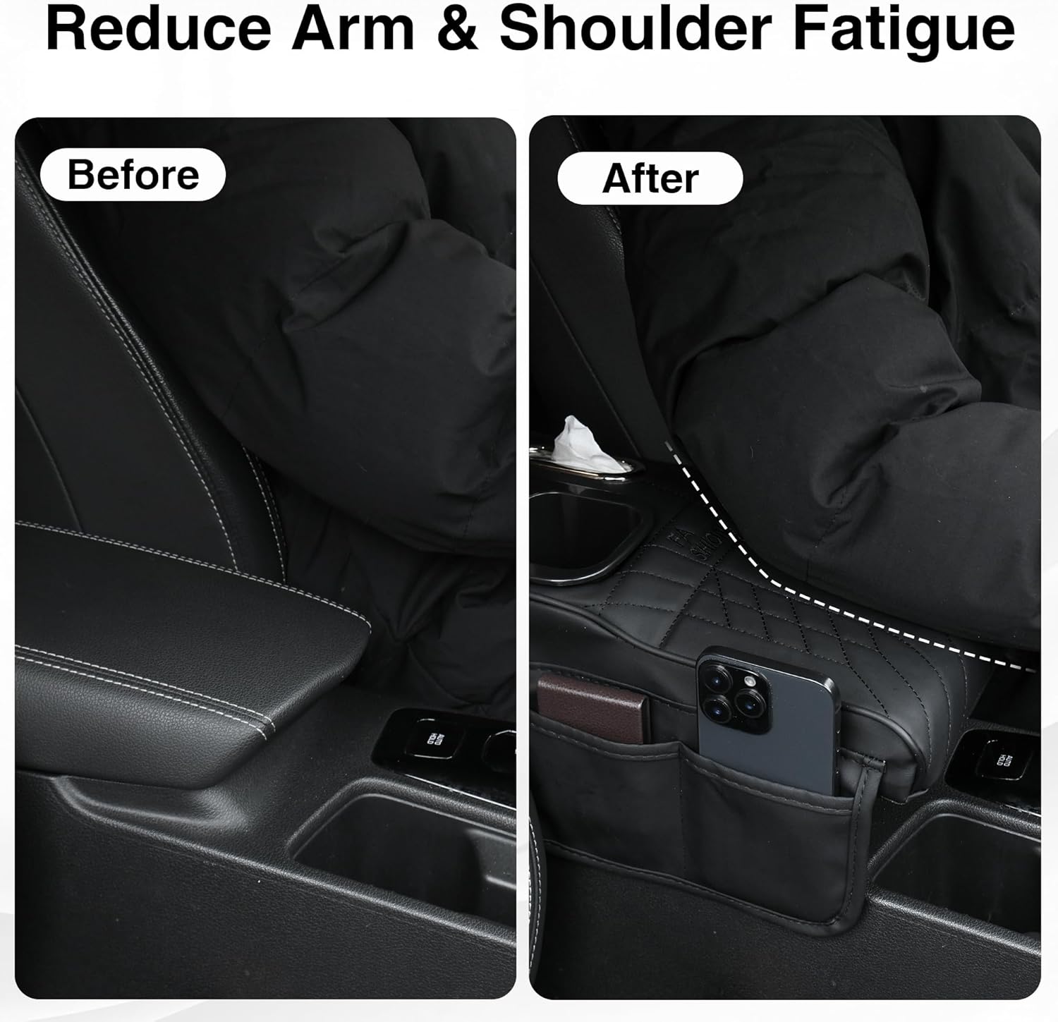 Center Console Cover, Car Armrest Cushion with Cup Holder&Tissue Box, 2 Side Storage Box, Car Armrest Storage Box Interior Accessories (Black)