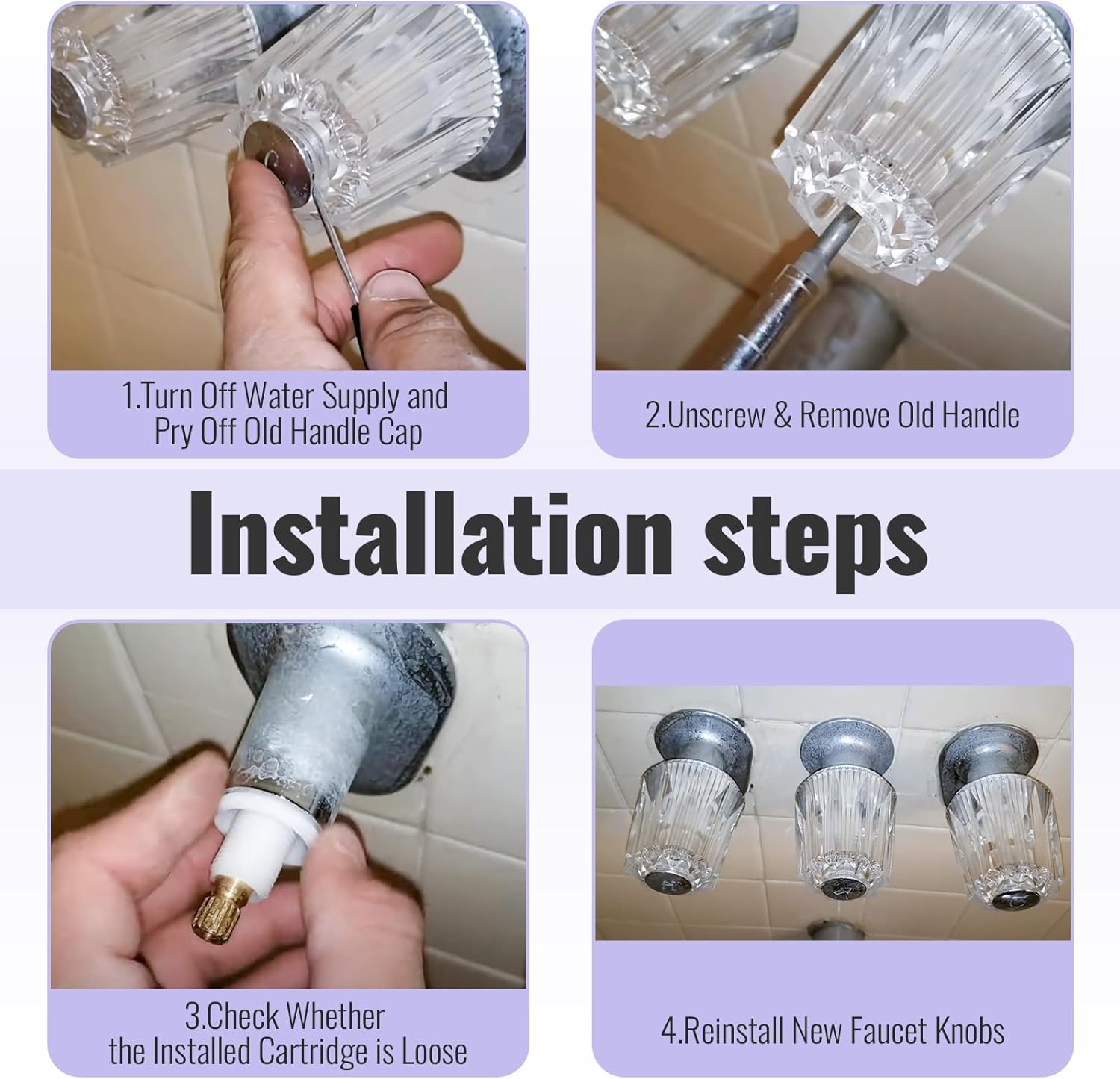 Shower Knobs 3 Piece Replacement for Price Pfister Bathtub Faucet Handles, 12 Point Broach, Clear Acrylic Shower Handles Hot and Cold Replacement Kit Include Diverter