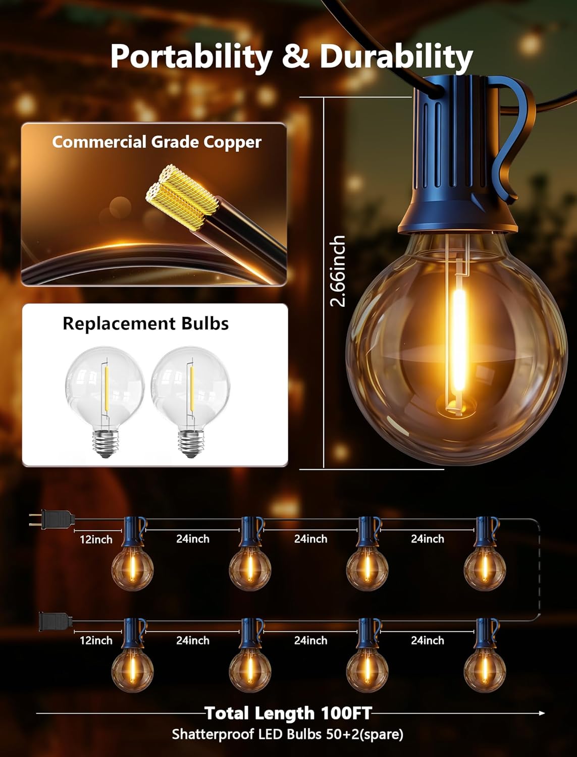 100FT Outdoor String Lights - Shatterproof G40 LED Bulbs, Waterproof Connectable Patio String Lights for Outside Backyard, Wedding & Bistro Party Decor, Warm White 2700K (50 Bulbs + 2 Spare)