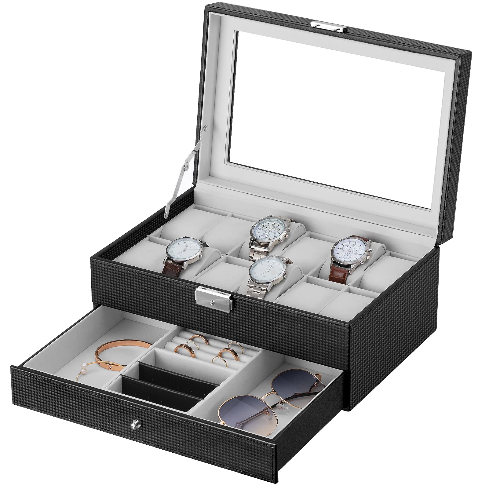 Oyydecor Watch Box 12 Slots Watch Organizer Jewelry Display Case Organizer with Jewelry Drawer for Storage and Display Lockable (Gray) (B0919VVNVG) Amazon Price History, Amazon Price Tracker