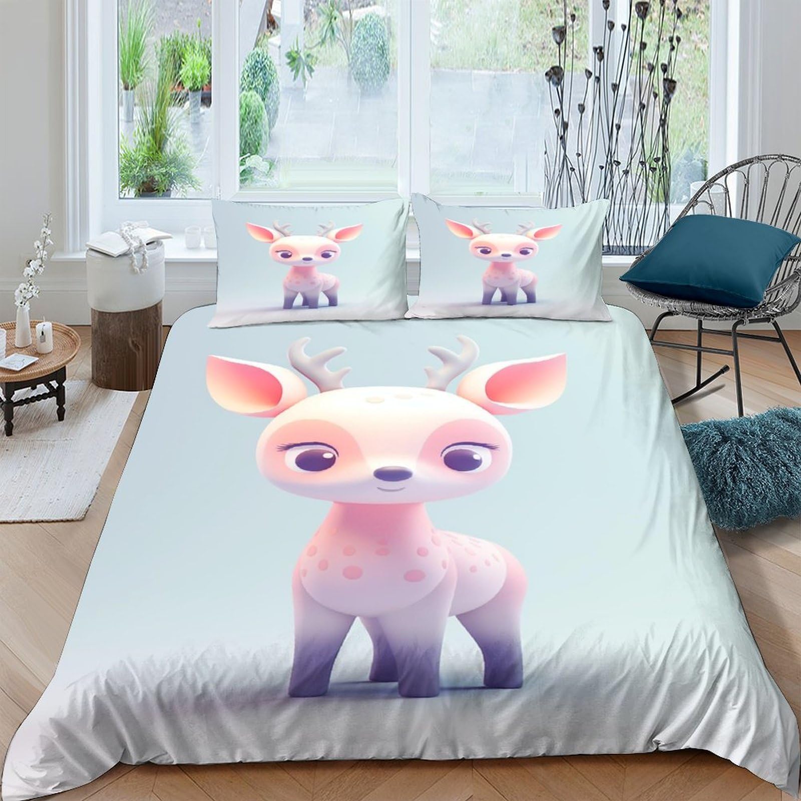 Housse de couette 220x240 imprimé cerf parure de lit 3 pièces zippée