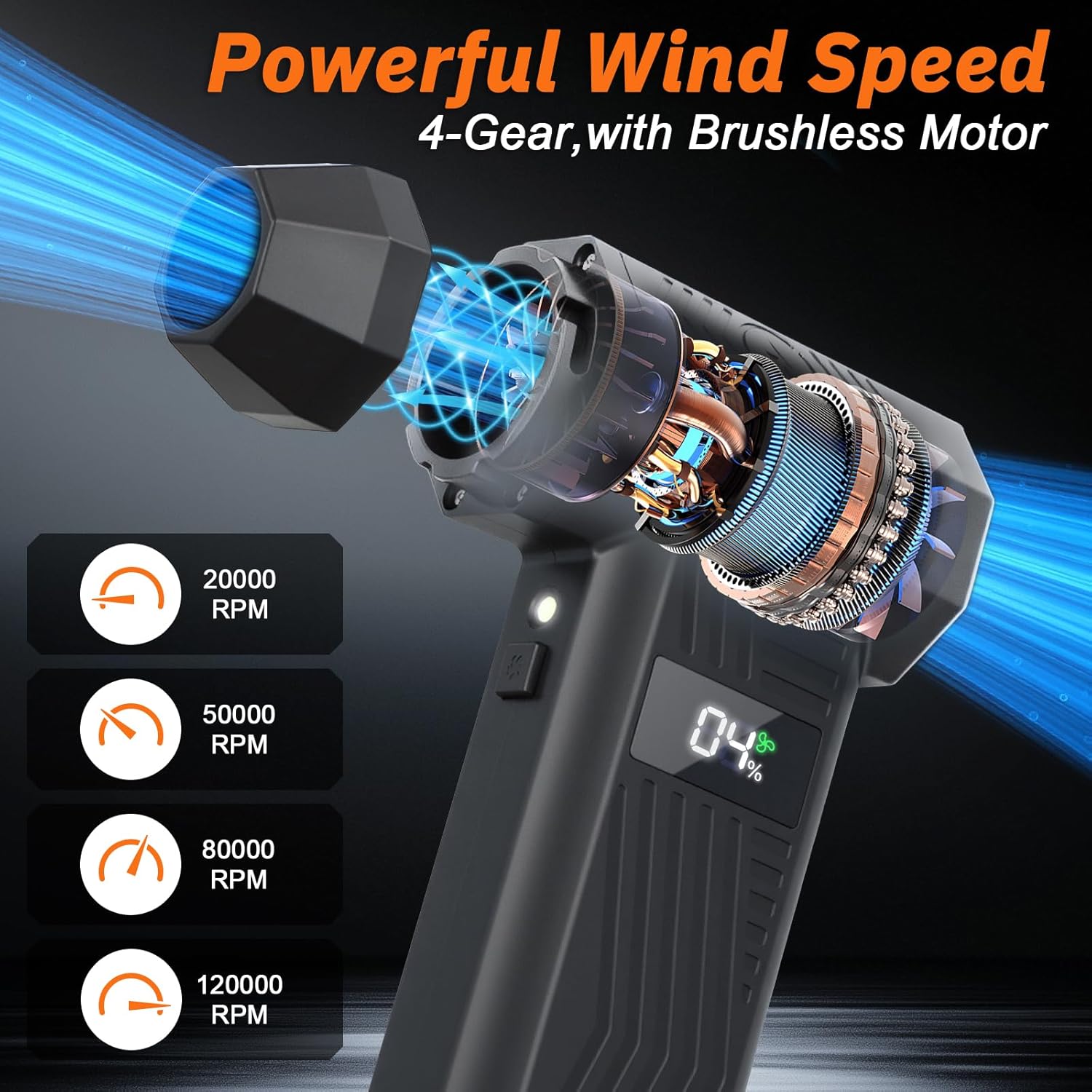 Compressed Air Duster 120000RPM Super Power Electric Air Duster,4 Gear Adjustable Mini Dust Blower with LED Display & 4 Nozzles Rechargeable Leaf Blower Air Blower for Keyboard PC Car Home Cleaning