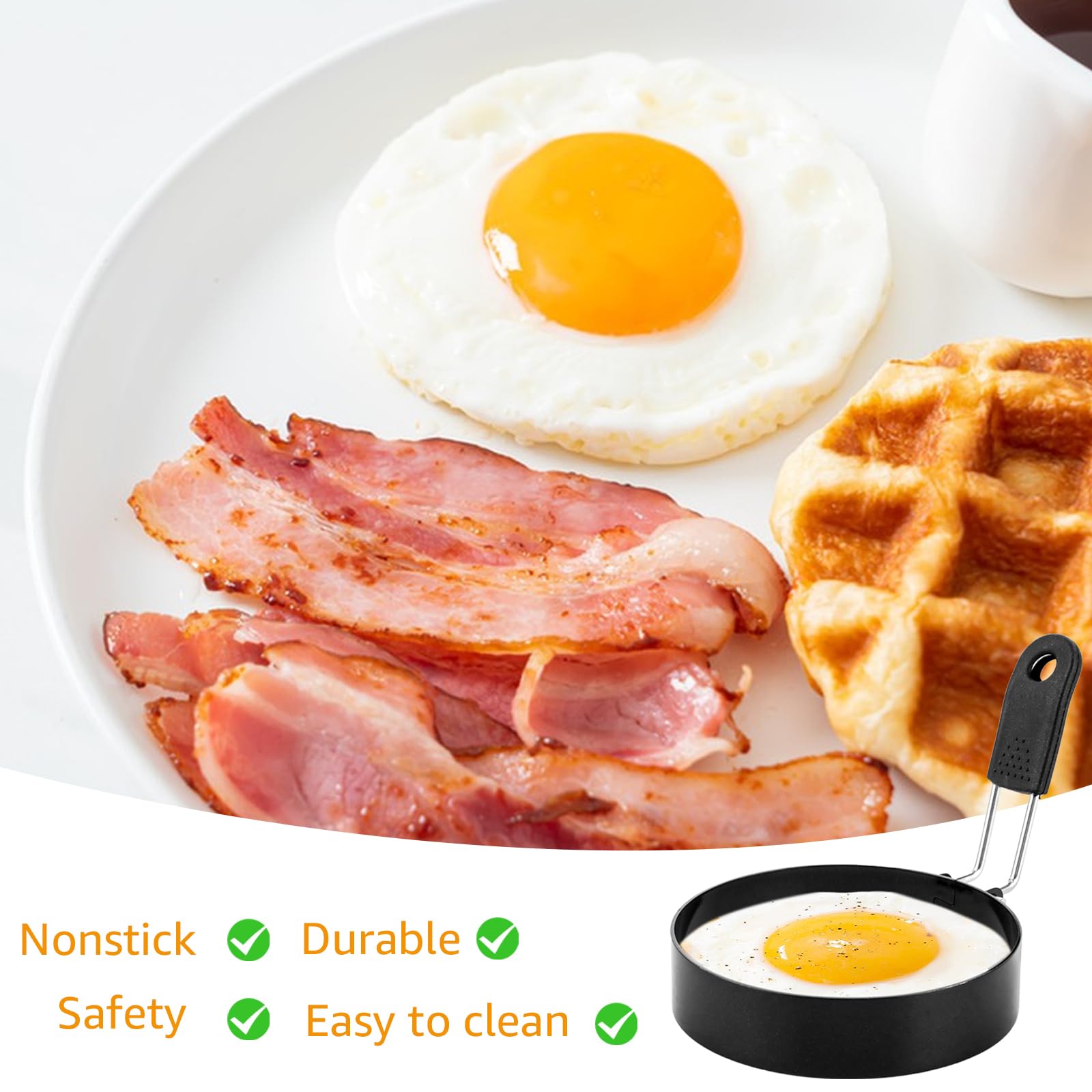 6 stampi per uova fritte neri per la padella 9 cm, 15 cm, 20 cm, in acciaio inox, per uova fritte, frittelle, omelette e molto altro ancora
