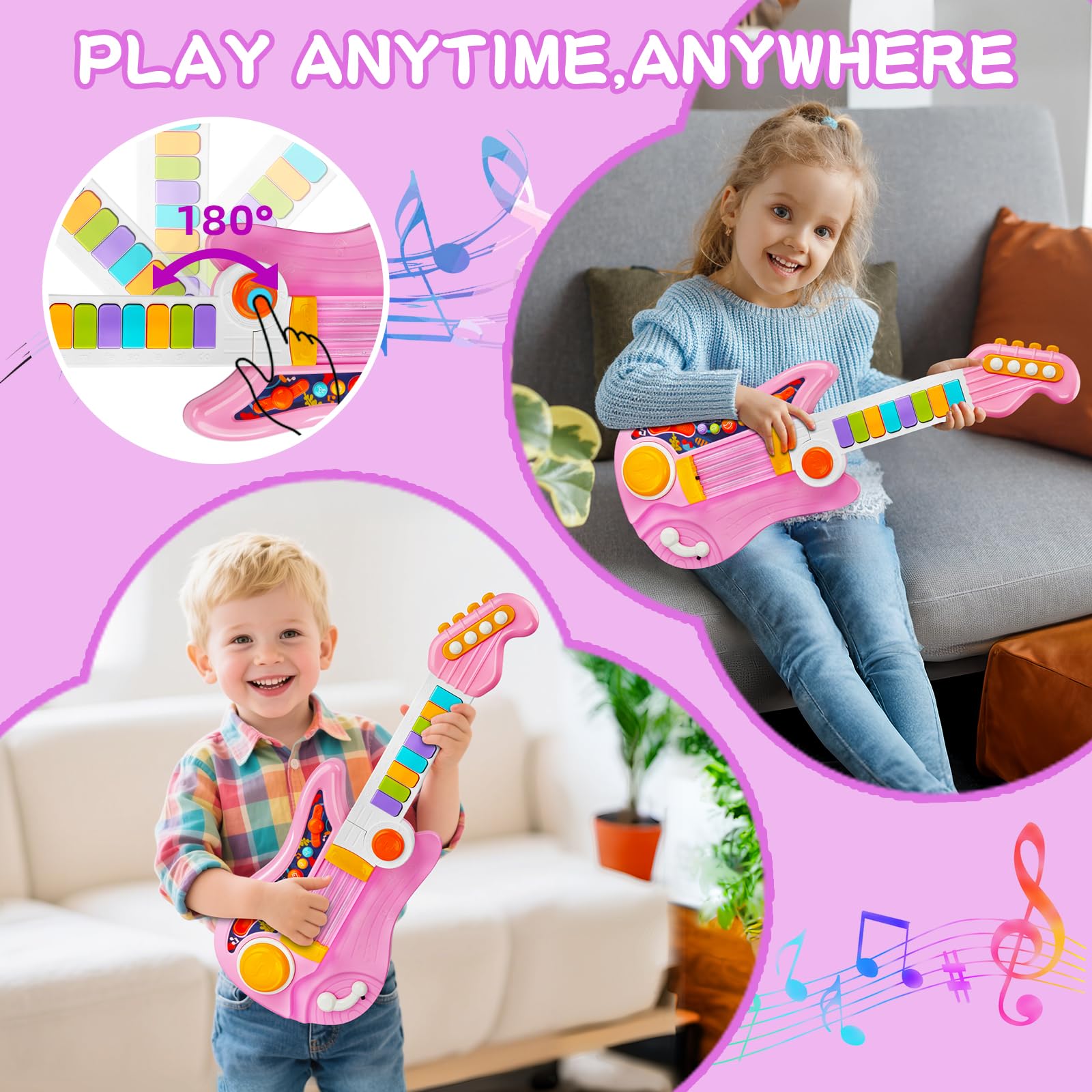 Chitarra Giocattolo Musicale per Bambini, 4 Modalità di Gioco, Strumento Musicale Giocattolo Multifunzione con Canzoni,Luce e Cinghia,Strumenti Musicali per Bambini, dai 12 Mesi+