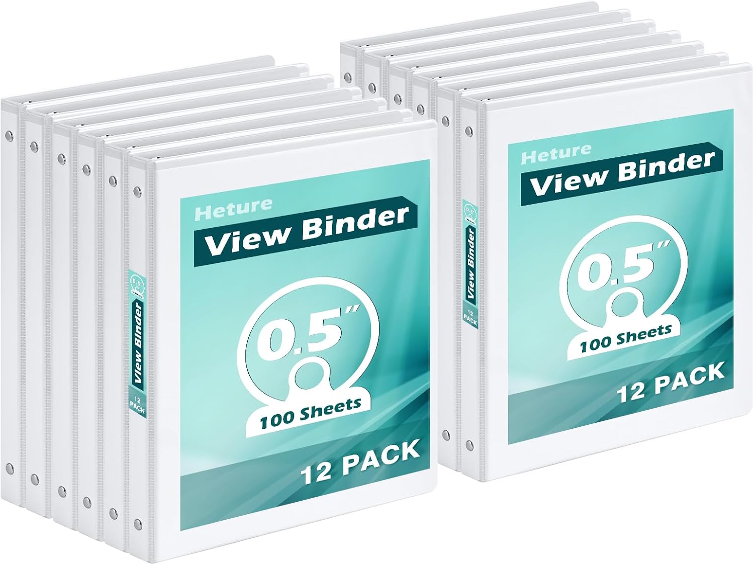 Heture 3 Ring Binder 0.5 Inch 12 Pack, 0.5" Clear View with Round Rings, PVC-Free,Holds for 100 Sheets 8.5" x 11" US Letter Size Paper, Durable White Binders Perfect for Office,School and Home
