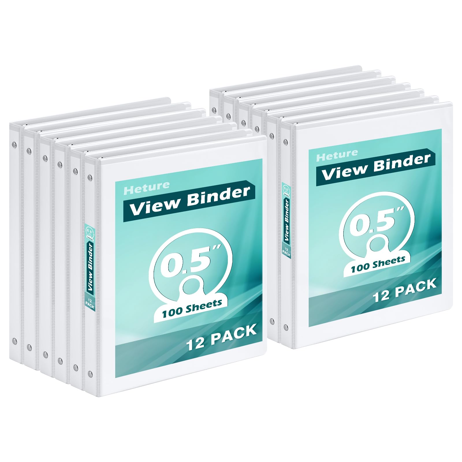 Heture 3 Ring Binder 0.5 Inch 12 Pack, 0.5" Clear View with Round Rings, PVC-Free,Holds for 100 Sheets 8.5" x 11" US Letter Size Paper, Durable White