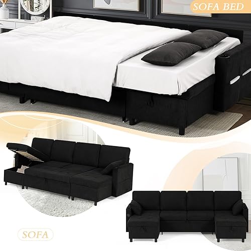 Miniatura 6 de Sofá cama extraíble de tela de 110 pulgadas con respaldos ajustables, sofá cama modular con puertos USB y 2 soportes para tazas, sofá tapizado en