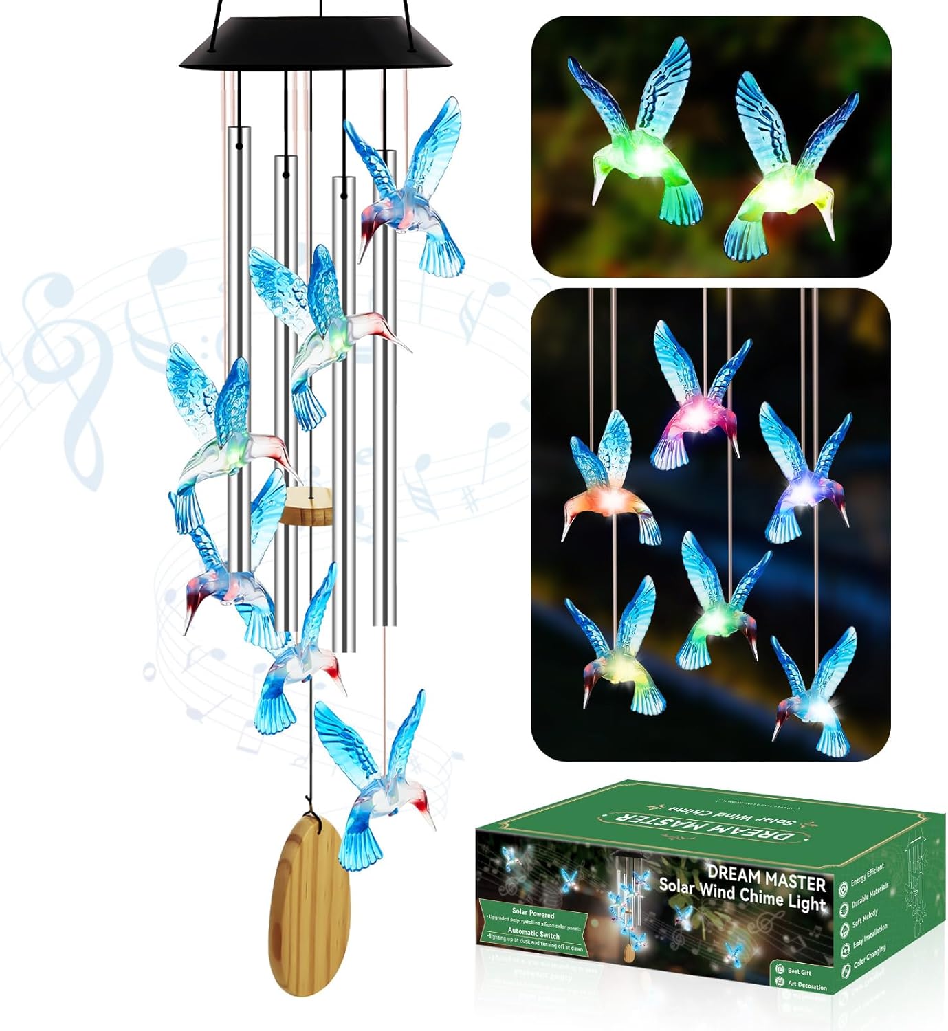 Mothers Day Mom Gifts, Solar Wind Chimes for Outside, Birthday Gifts for Women, Grandma, Wife, Solar Hummingbird Light Hanging for Yard, Patio, Garden Decor, Automatic Color Changing, Blue Bird