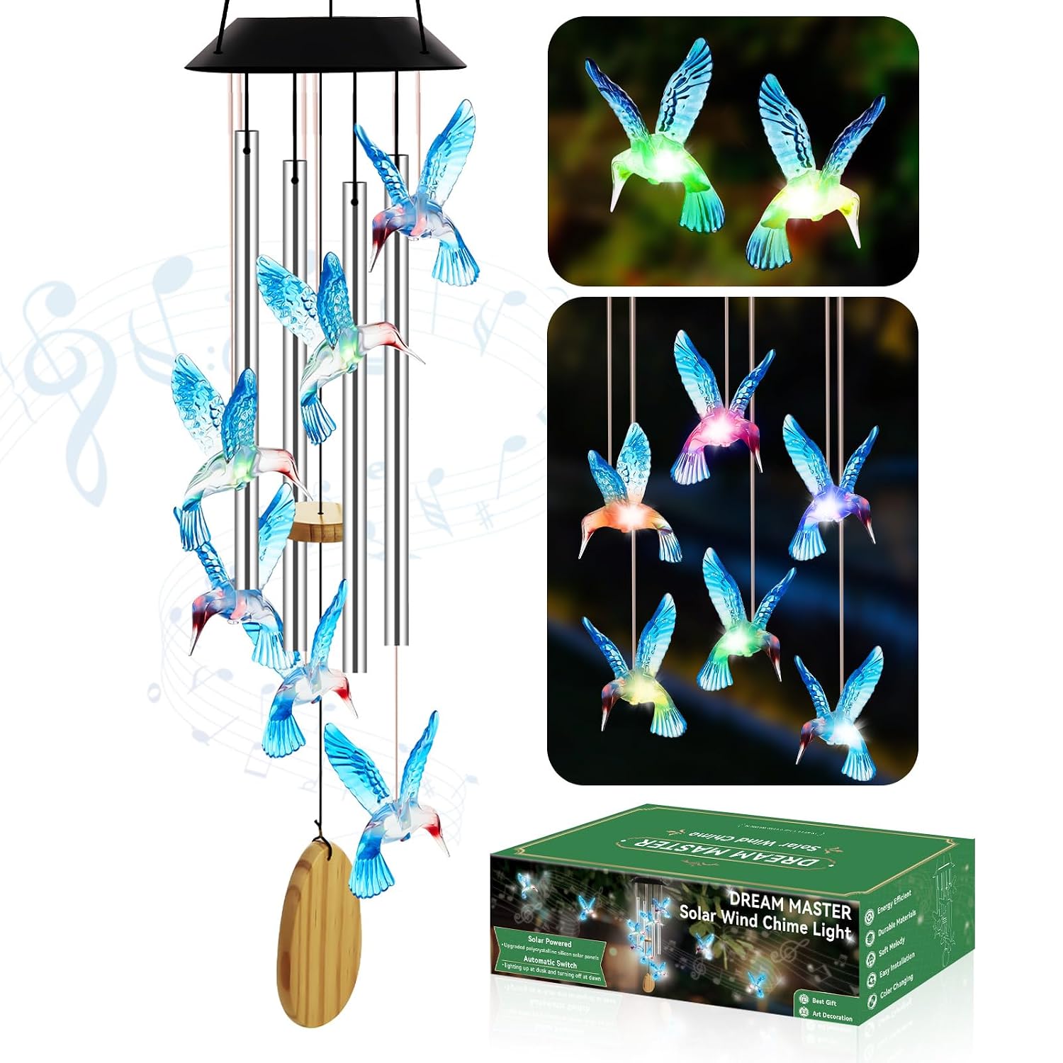 Solar Wind Chimes for Outside Color Changing Light, Blue Hummingbird