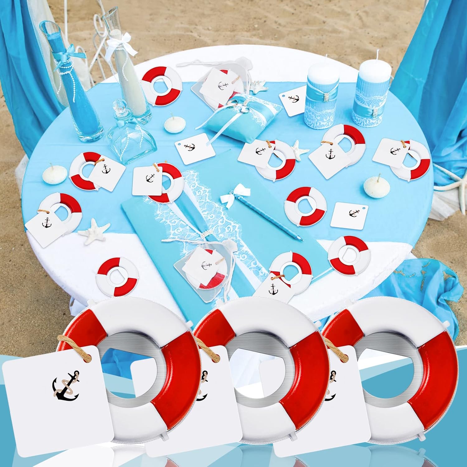 60 Set Nautical Wedding Favors, Lifesaver Bottle Opener Beach Baby Shower Bottle Opener Favors Nautical Bottle Openers Return Gifts with Anchor Tags Organza Bags 1 Roll of Twine Guests Birthday Decor