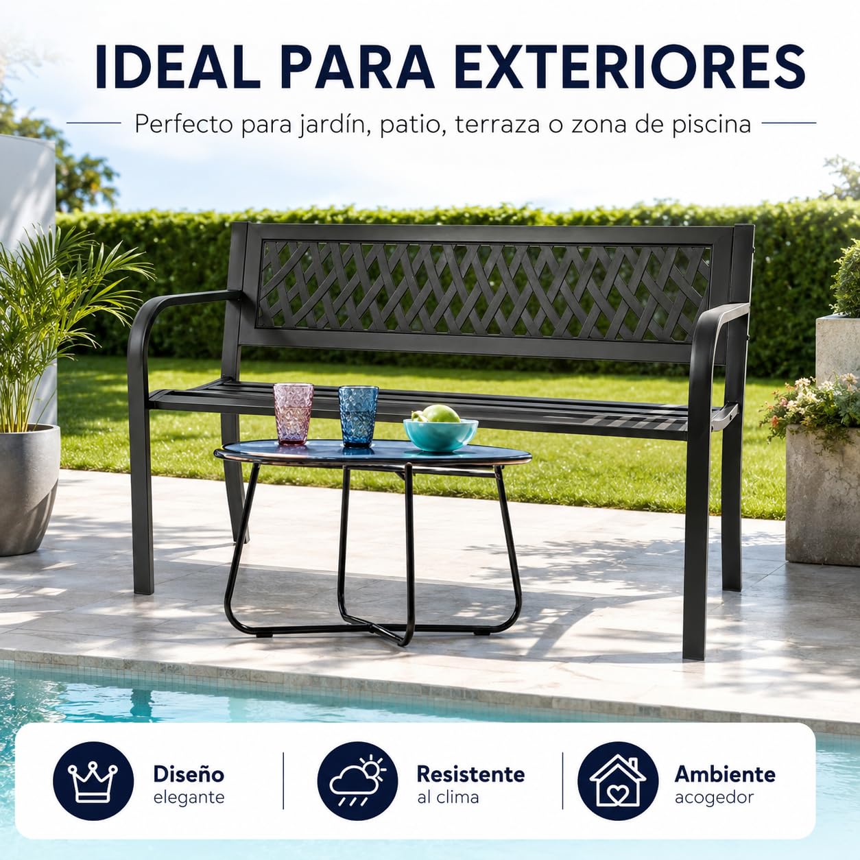 Banco de Jardín Exterior de Metal 2-3 Plazas | Asiento de Acero Resistente | Ideal para Terraza, Patio, Porche o Balcón | Diseño Decorativo con Respaldo Curvo | Mueble Exterior Duradero