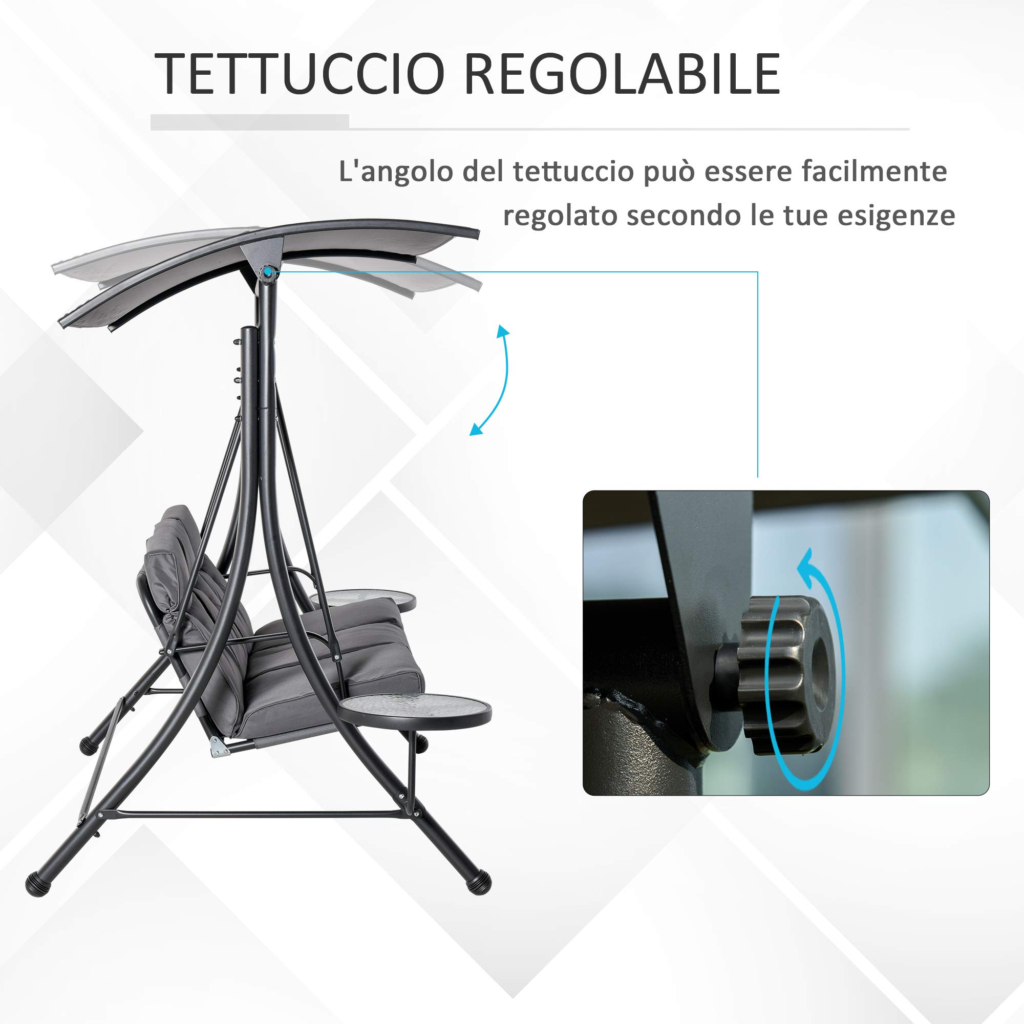 Outsunny Dondolo da Giardino a 3 Posti, Dondolo da Esterno con Tettuccio Regolabile e 2 Tavolini, Grigio 271x125x177cm