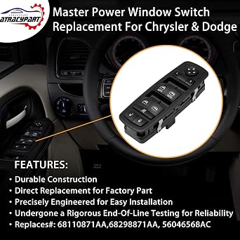 Power Window Switch, Fits 12-17 Dodge Grand Caravan, Chrysler Town Country | 3 PINS + 0 PIN, Replaces# 68110871AA, 04602535AI