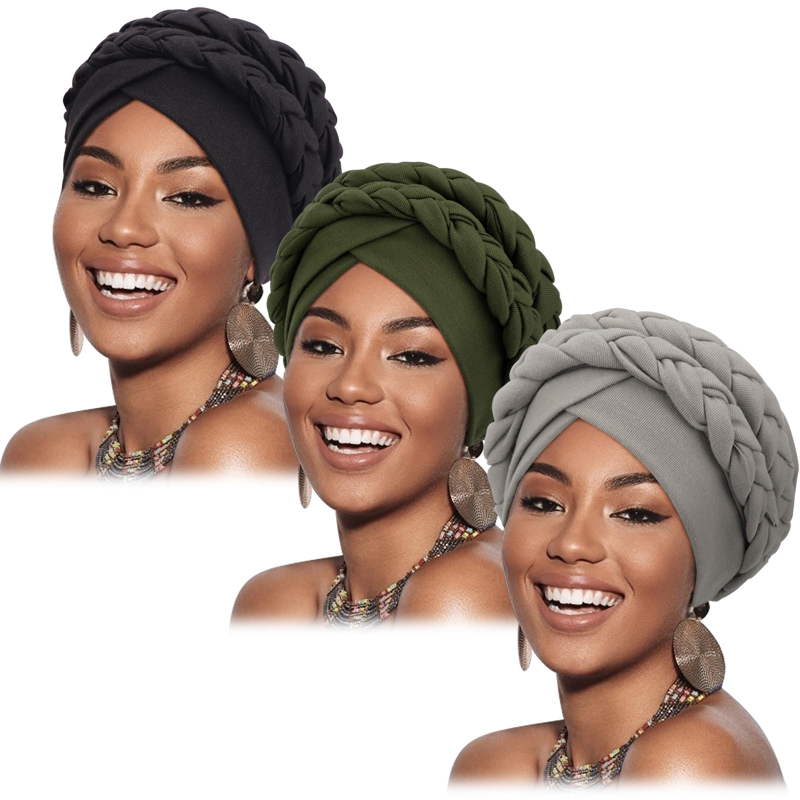 DRESHOW Turban Pre-Tied Twisted Braid Hair Cover Wrap Hat African Beanie Headwraps for Black Women Chemo Cancer Cap