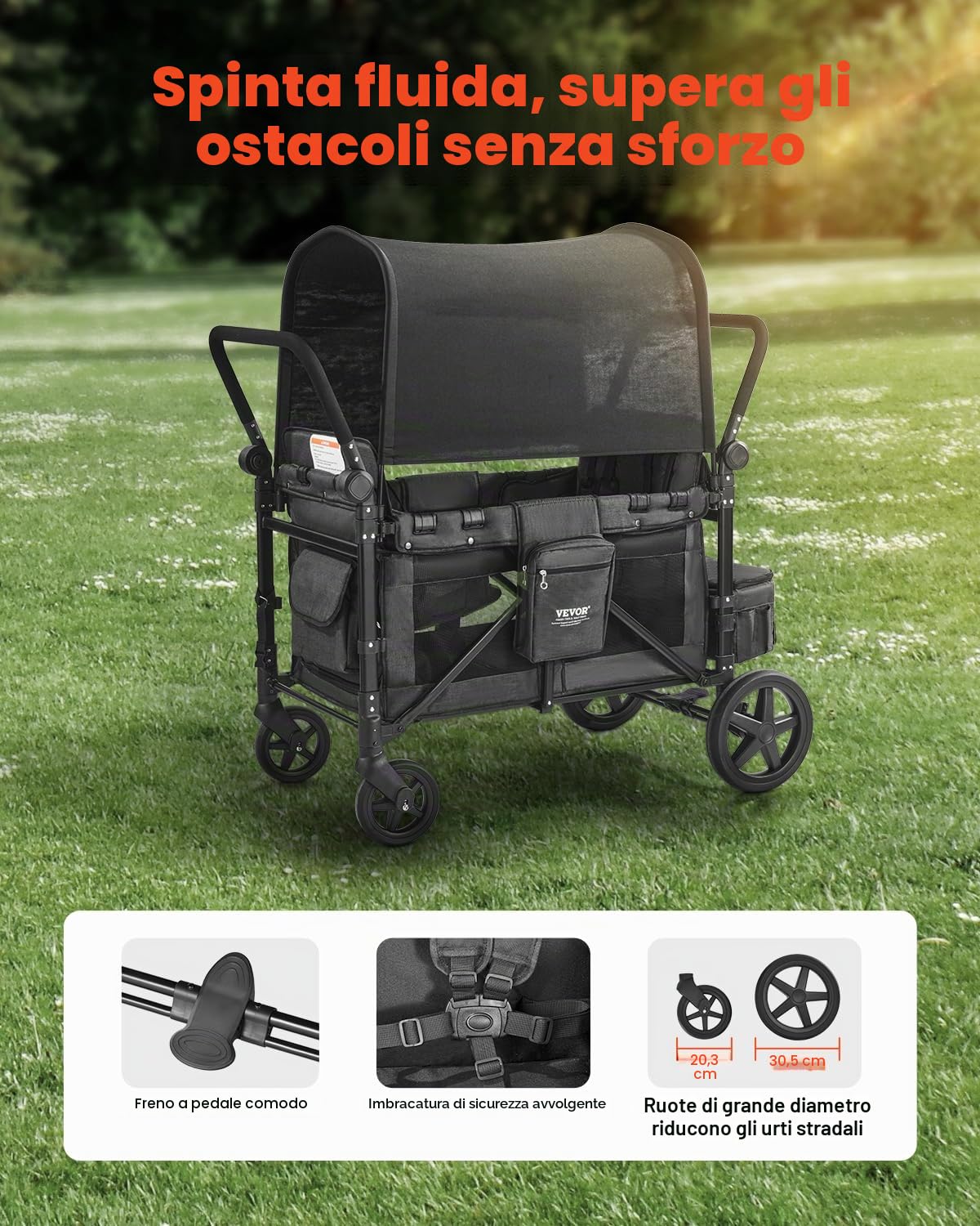 VEVOR Passeggino a Quattro Posti per 4 Bambini, Pieghevole con Maniglia Regolabile, Imbracatura di Sicurezza Tettuccio Rimovibile, Passeggino Comodo, Grigio Scuro e Nero, Carico 150 kg
