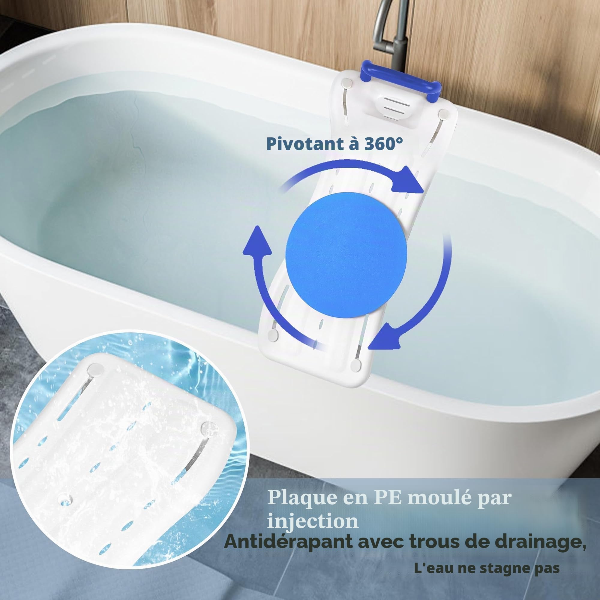 ACXIN Planche de Bain pour Personnes âgées, avec Porte-Savon et poignée, pour Baignoire, 41 à 63 cm, réglable, avec Plaque tournante, Charge maximale : 150 kg (Bleu, 75,5x34x10cm)