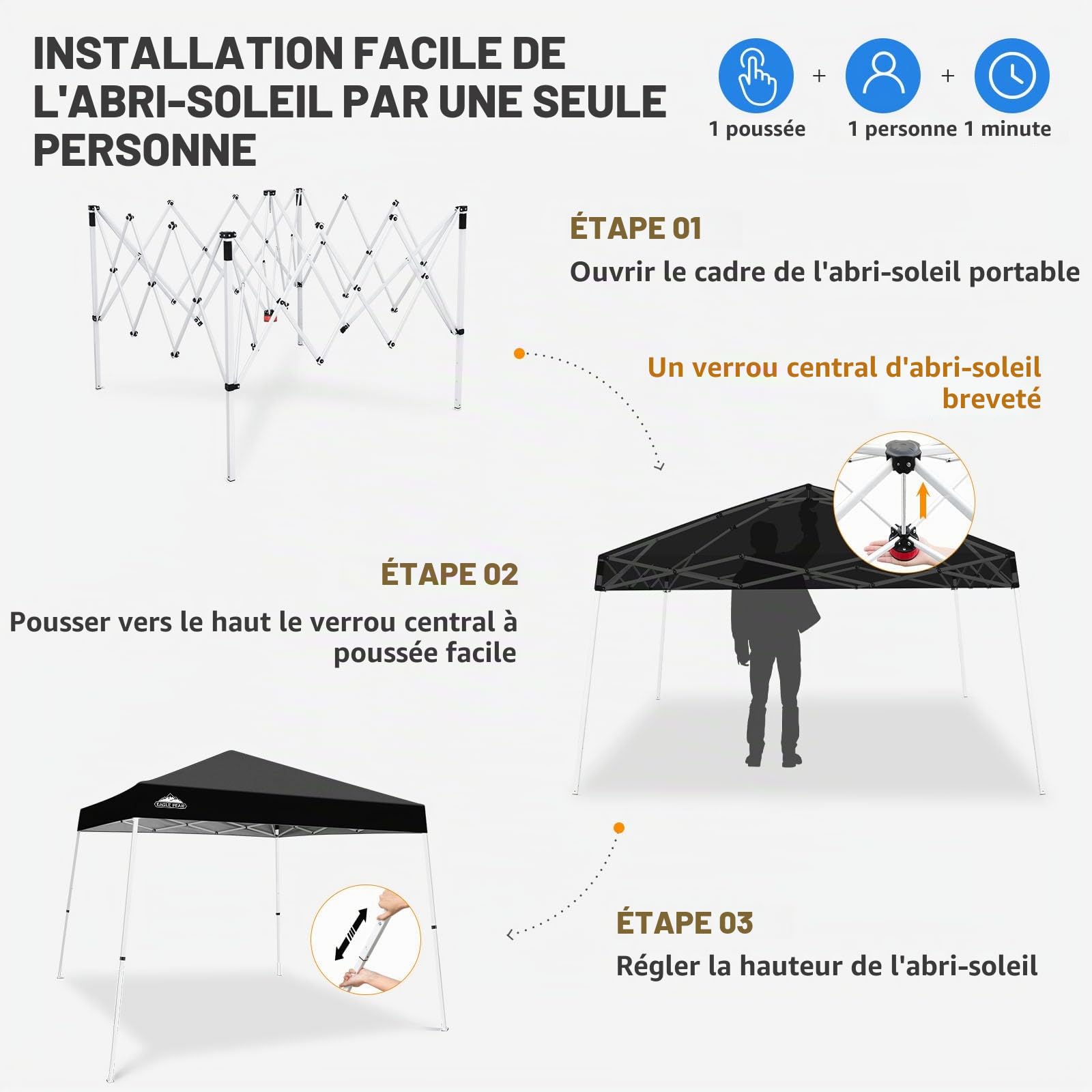 EAGLE PEAK Tonnelle Pop-up à Jambes inclinées 3x3 m, Montage Facile pour Une Personne, abri extérieur instantané pour Plage et Sport, Pliable et Portable, Base 3x3 m, Sommet 2,4x2,4 m (Noir)