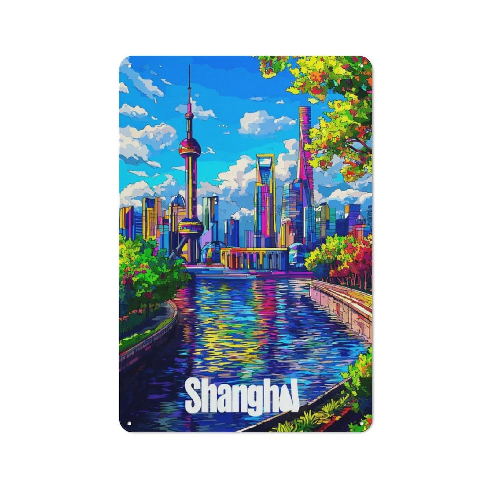 Junmoney Colorful Shanghai Skyline Reflections Tin Sign 30X20cm For Garage Wall, Vintage Wall Decor, For Kitchen, Dining Room And Home Bar Wall Decor
