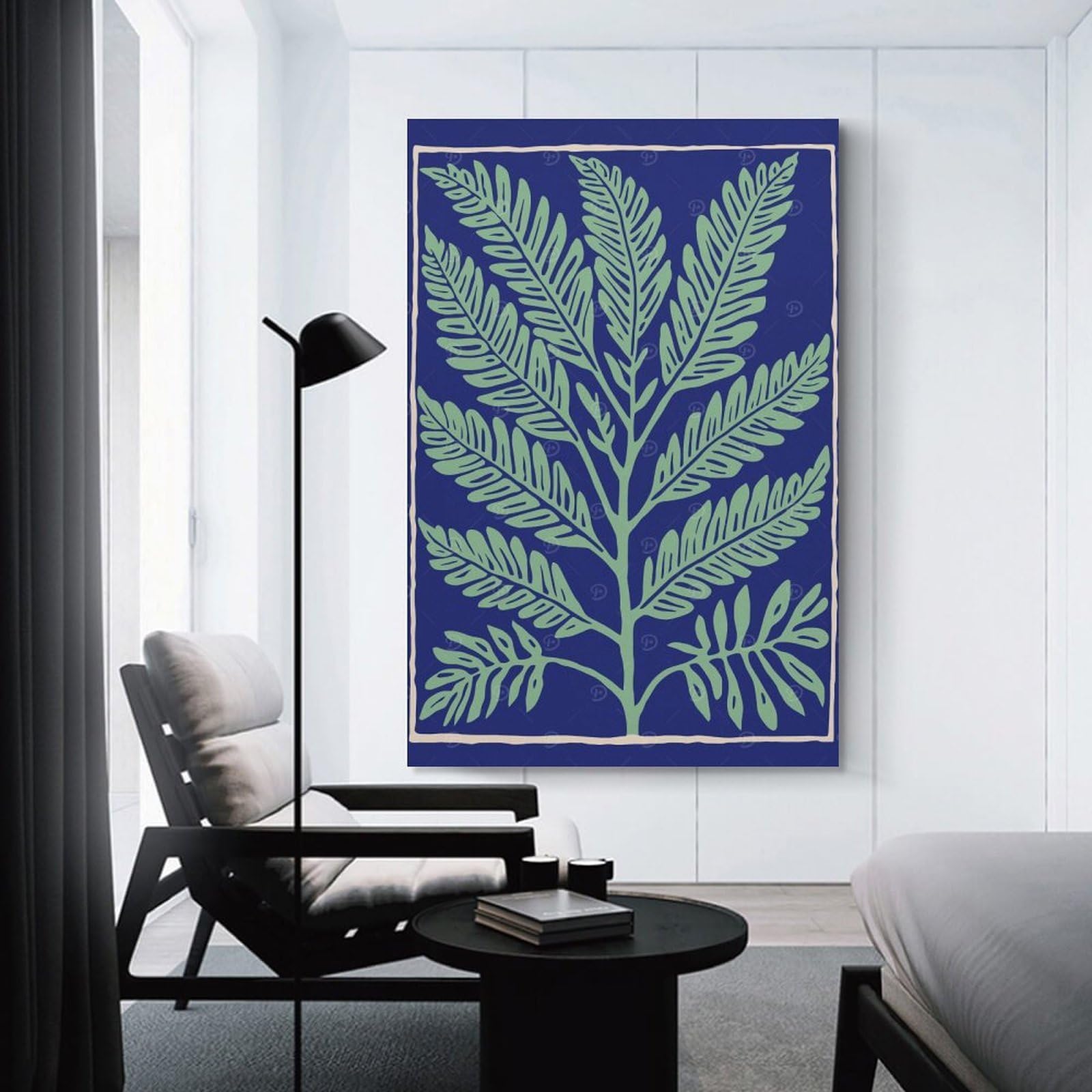 Junmoney Green Branch on Blue Wall Picture Print 20x30inch(50x75cm), for Apartment Walls, Studios Or Work Areas, A Simple Refresh for Blank Walls