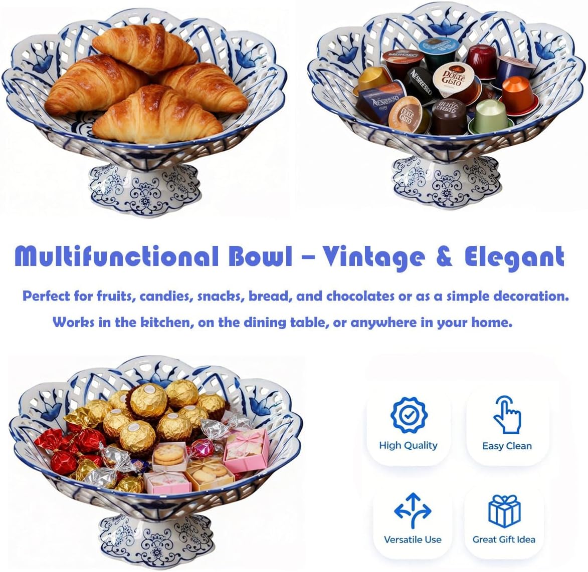 Vintage Floral Round Chinoiserie Ceramic Serving Bowl with Draining Holes, Blue And White10" Large Fruit Basket, Hand Painted Multifunctional Tray for Table Countertop, Decorative Footed Platters