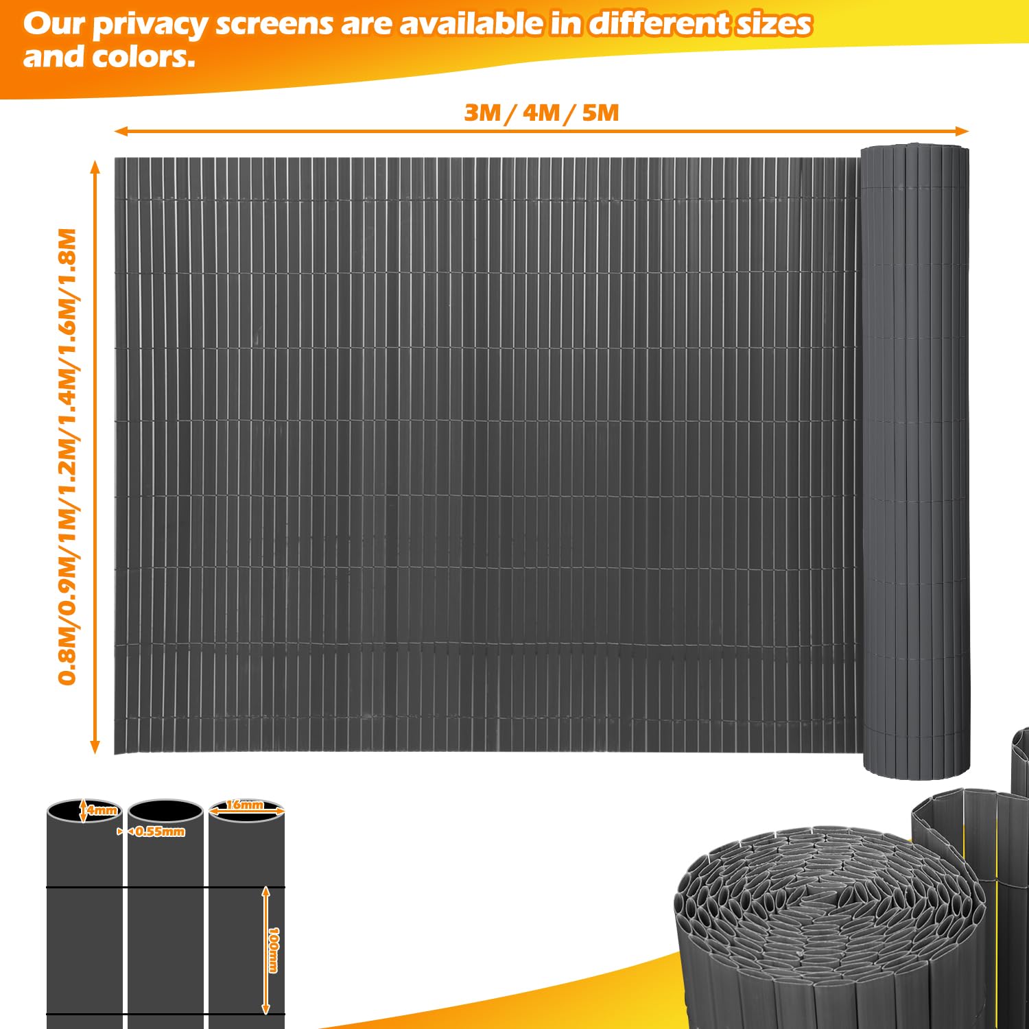PCW s 160 x 300 cm, odporny na promieniowanie UV, z 3 żebrowanymi panelami i opaskami kablowymi, idealny do ogrodzeń ogrodowych, tarasów, rozwiązań chroniących przed wzrokiem.