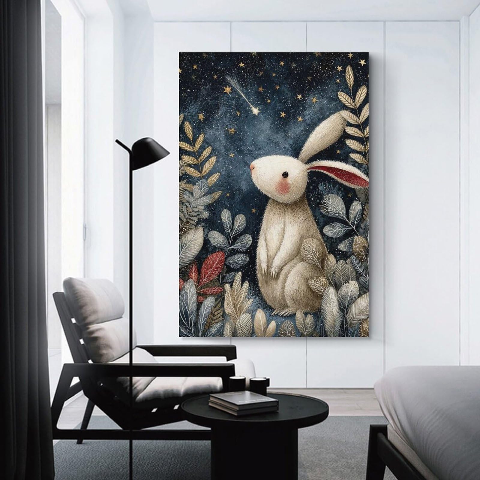 Junmoney Unframe-Style-23 Rabbit Under Starry Night Illustration Canvas Wall Art 08X12inch(20X30cm), For Workspace Walls, Study Corners Or Bedrooms, Wall Art That Adds Style To Work Areas