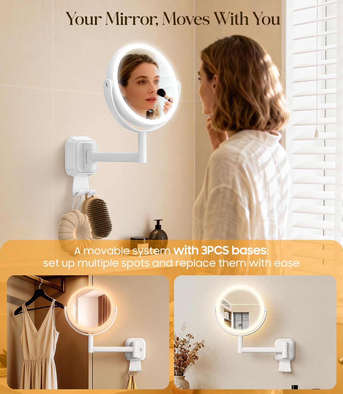 Gospire No Drilling Wall Mounted Lighted Makeup Mirror with Magnification 10X, 7 Inch Rechargeable Magnifying Vanity Mirror with Hooks, LED Display & 3 Light Modes for Bathroom