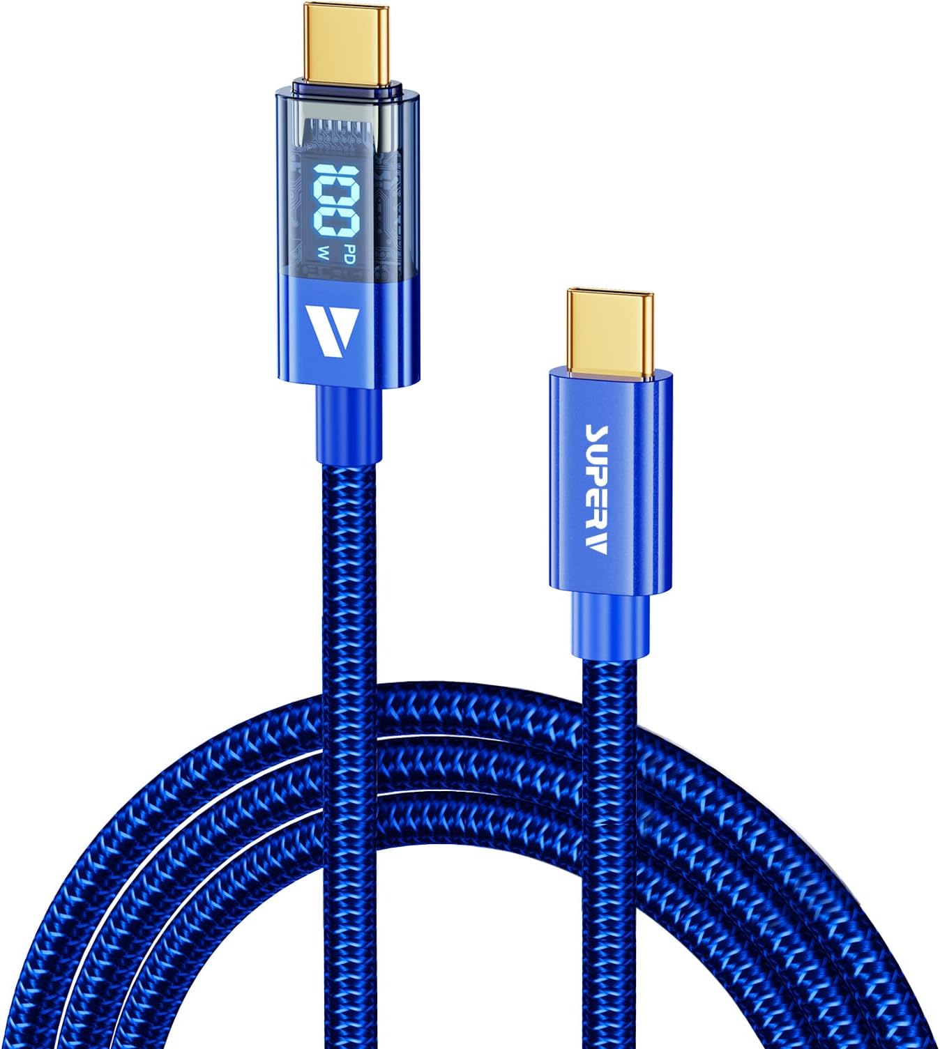 SUPERV USB C to USB C Charger Cable Transparent Data Cable PD 100W Charger Digital Display Blue 0.98ft/30cm