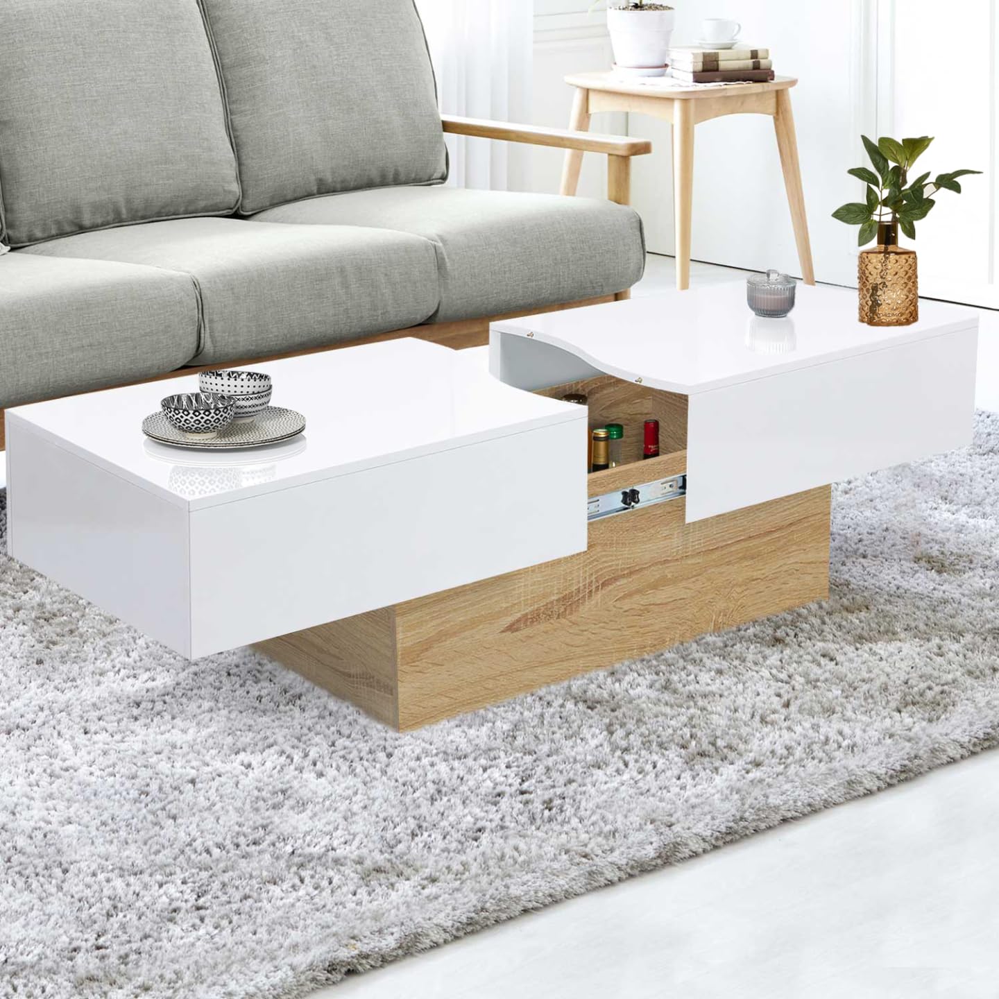 IDMarket - Tavolino scorrevole MARTA in legno imitazione faggio e bianco