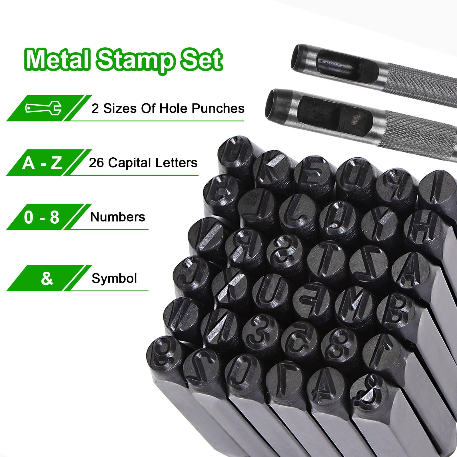 QUARKZMAN 36pz Metallo Stampaggio Kit 25/64" (10mm) (AZ, 0-8,"&" Simbolo) Acciaio Lettera Pugno Premere Utensile con Foro Pugno per Stampa su Metallo, Plastica, Legno, Pelle, Nero