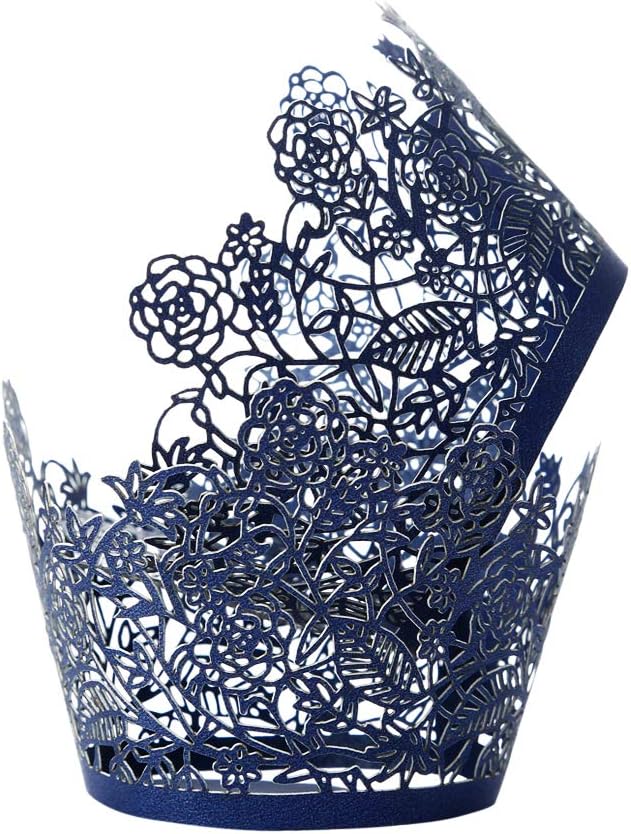 Cupcake Wrappers 100pcs Navy Blue Lace Rose Bake Cake Paper Liner Cups for Wedding Party Birthday Cake Decoration Supplies