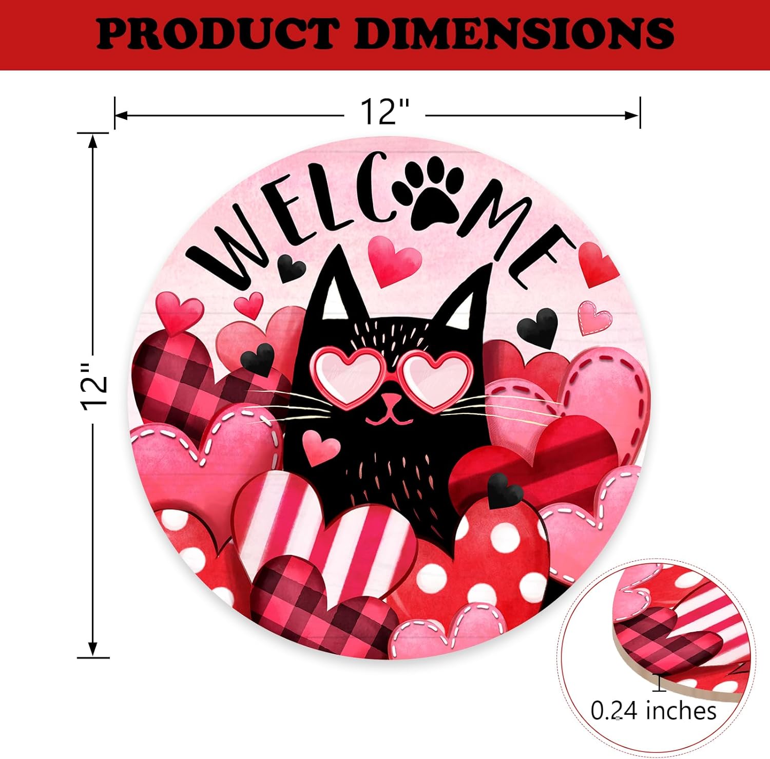 Welcome Valentine's Day Black Cat Front Door Sign, Kitty Pink Red Love Heart Wood Door Hanger Outdoor Outside Porch Decor, Anniversary Wedding Wooden Wreath Indoor Wall Hanging Decoration - Image 2