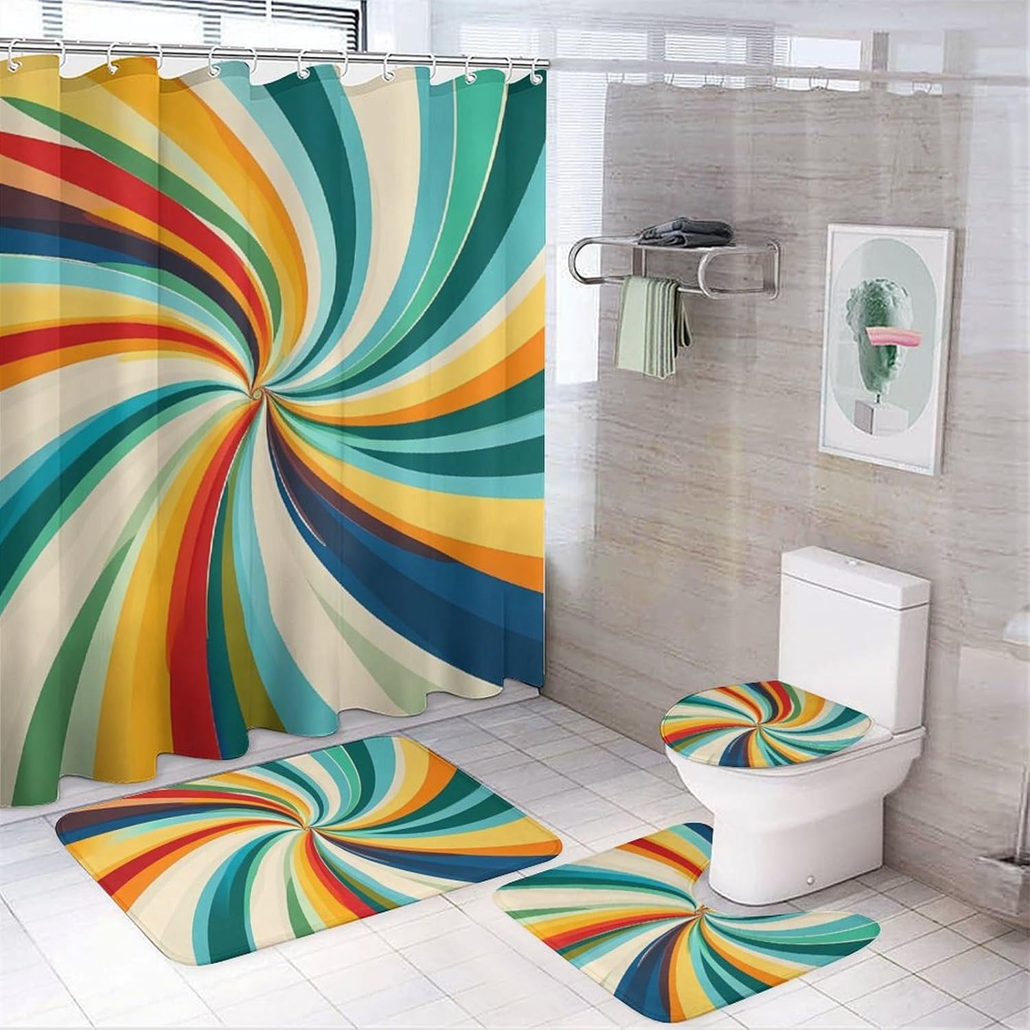 Colorful Swirl Design Bathroom Sets with Shower Curtain and Rugs 4 Piece with U-Shaped Floor Mat Toilet Lid Cover