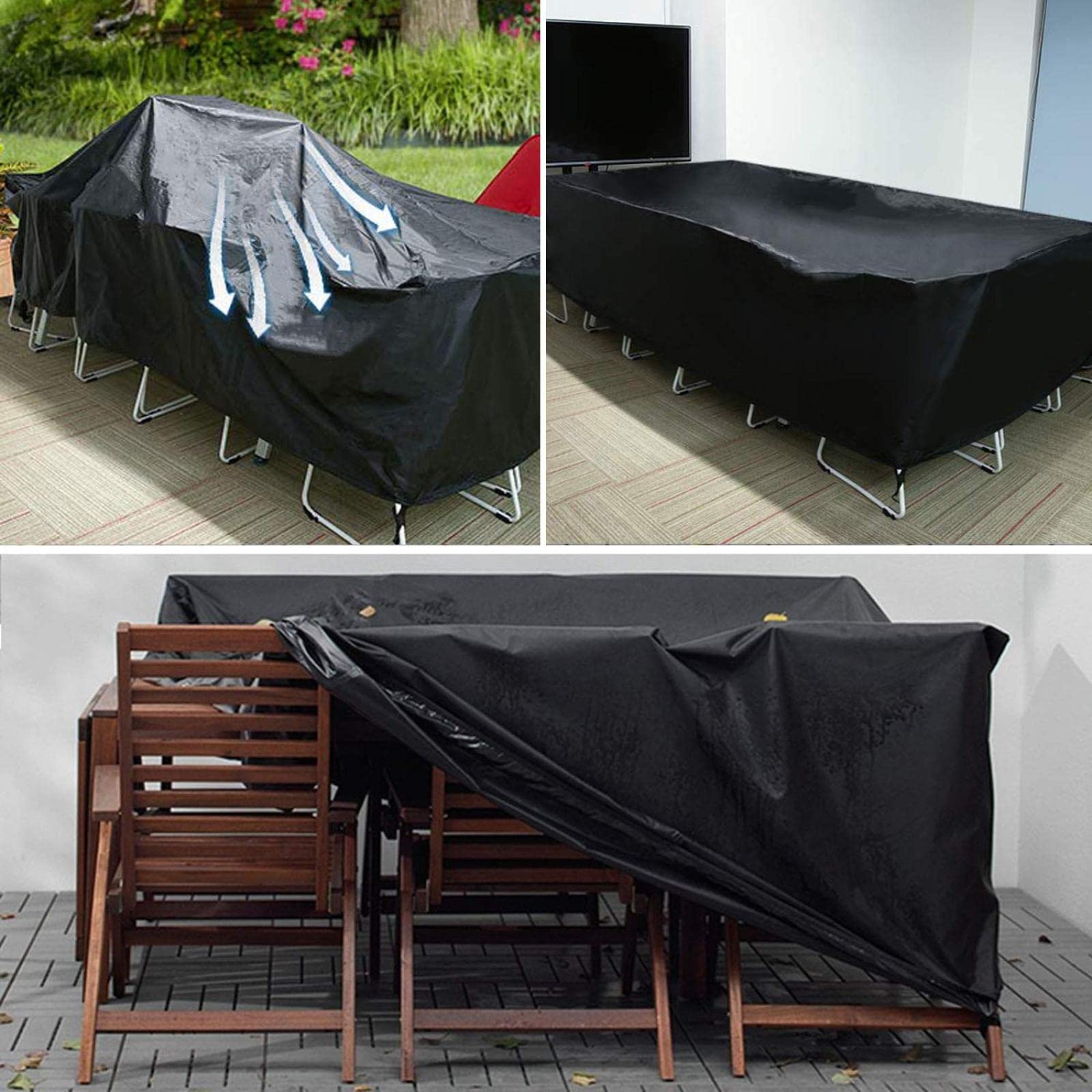 Copertura Mobili Giardino 340x180x75cm Impermeabile Telo Copertura per Giardino Mobili Tabella 420D Coperture per Arredo Esterno Coperture Antivento Antistrappo Nero