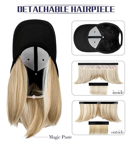 Miniatura 2 de Qlenkay Gorra de béisbol con extensiones de cabello recto, fleco corto, peinado ajustable, extraíble peluca y sombrero ,14 pulgadas para mujer y niña