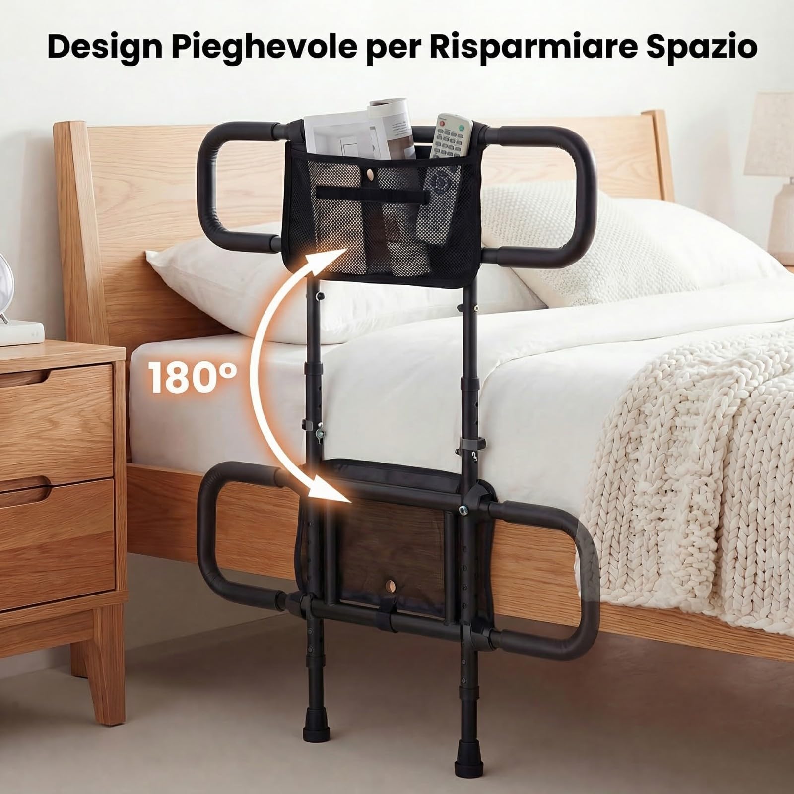 COSTWAY Sponda Letto Pieghevole per Anziani, Altezza/Larghezza Regolabile, Tasca Rimovibile, Maniglie Imbottite e Base a U, Sbarra da Letto con Cintura di Fissaggio, Supporto 136 kg (Nero)