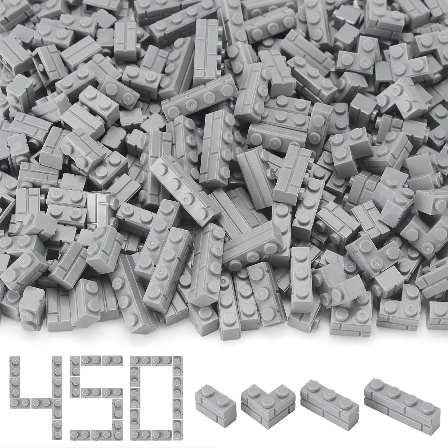 Feleph Masonry Bricks Set 450 Pcs Wall Building Accessories Diverse Creative Construction Bulk Parts and Pieces Classic Blocks Toy Compatible with Major Brands (Gray)