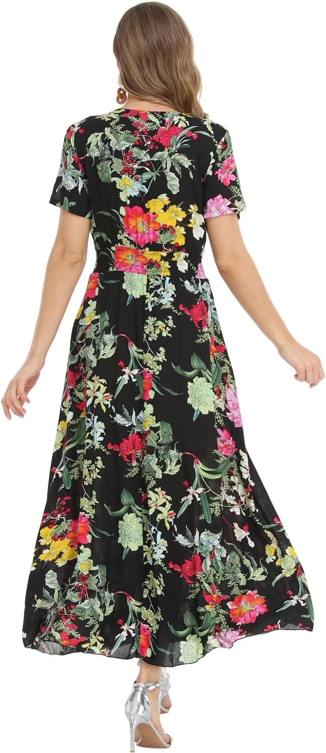 Women's Boho Floral Maxi Dress Summer Button Up Split Flowy Beach Party Dress - Image 5