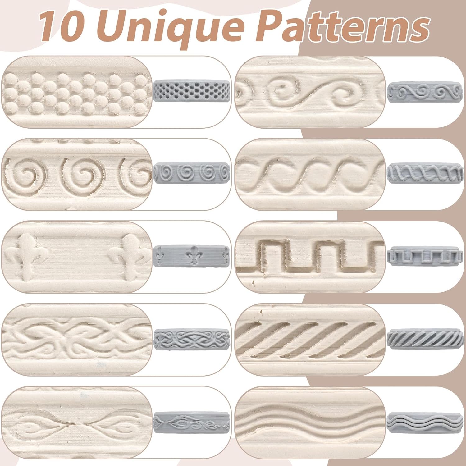 Conderyang 10Pcs 3D Printed Clay Texture Roller Clay Roller with Handle Texture Wheel Set Handheld Pottery Rollers Polymer Tools for Artists Ceramics Art Creation Ceramic Modeling DIY (Light Gray)