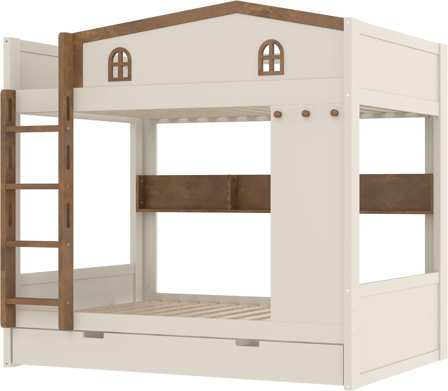 Polibi bunk bed with the trundle bed stored underneath the lower bunk
