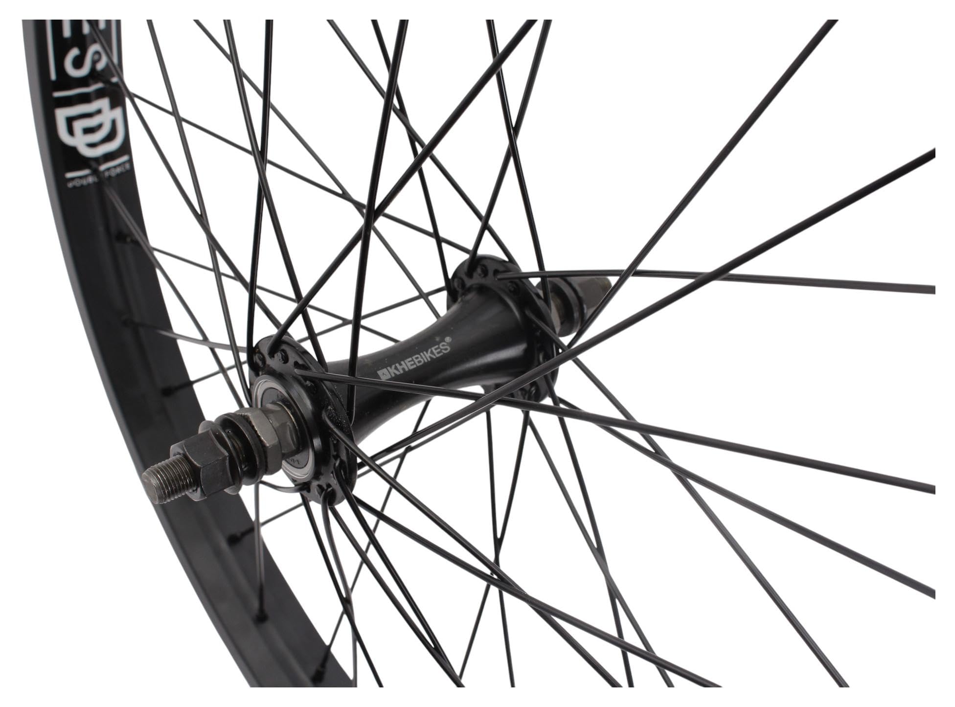 KHE MVP DD BMX Rueda delantera de 20 pulgadas – Eje CrMo de 10 mm – Llanta de doble cámara – Rodamiento industrial – 36 agujeros – Negro – Rueda delantera BMX