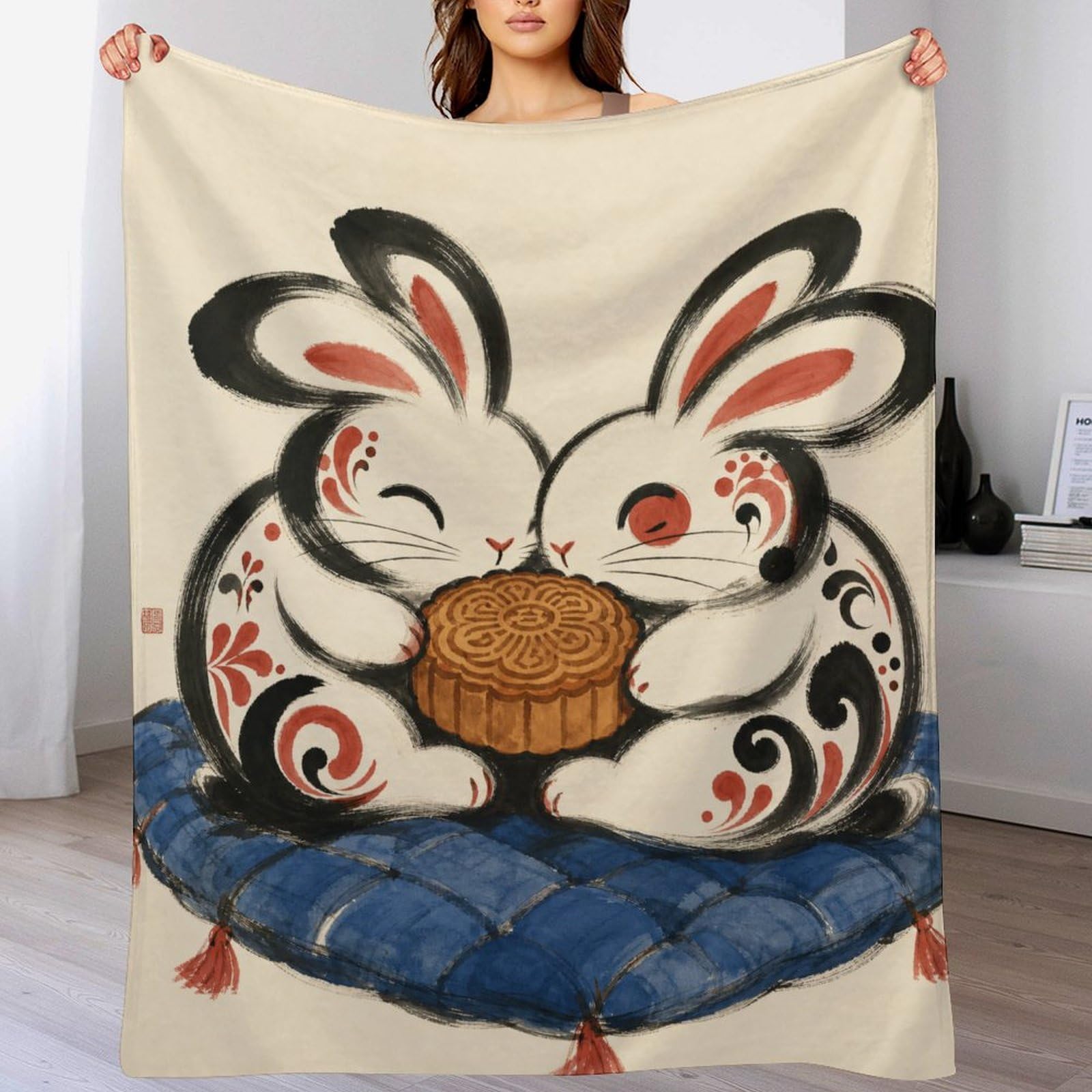 Pareja de Conejos con Tambor Manta Manta TV Calida Polar Sofa Dormitorio | manta sofa suave con Libro de cuentos de animales y Linda ilustración infantil, para sofa, cama, 175x200cm(70x80in)