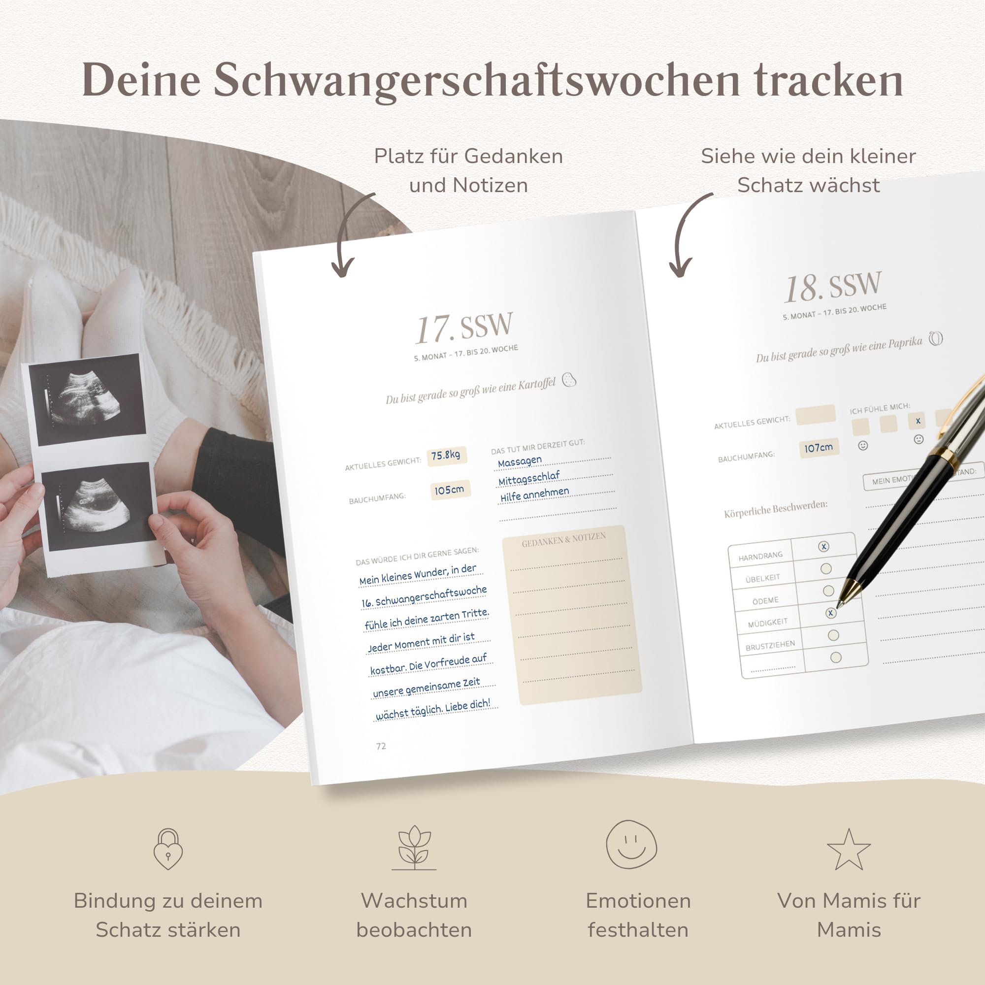MeinBaby123® Schwangerschaftstagebuch „Liebe im Bauch“ aus Leinen – Hochwertiges Erinnerungsalbum & Tagebuch zur Schwangerschaft – Geschenk zur Geburt & für werdende Mamas