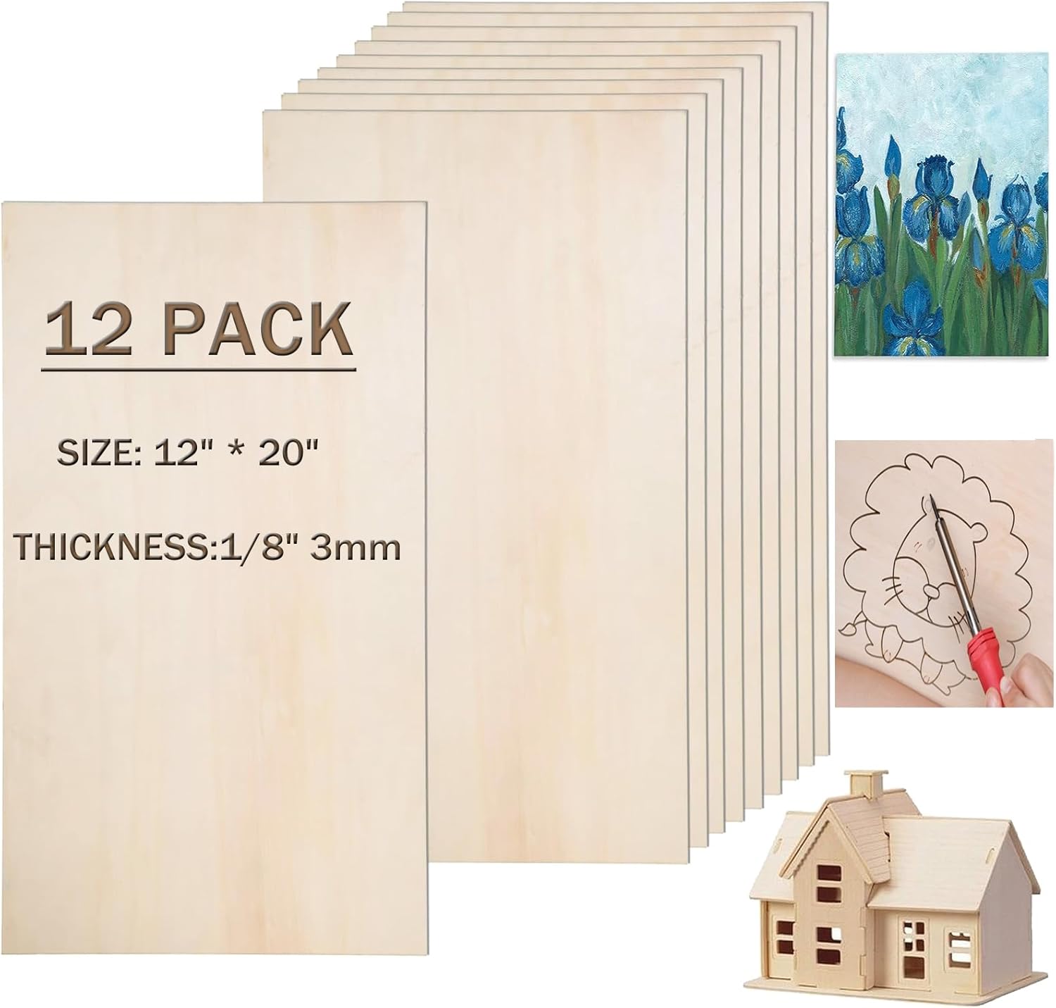 12 Pack Basswood Sheets 12"x20"x1/8" for Crafts - 3mm Unfinished Balsa Wood Plywood Crafts, Ideal for DIY, Drawing, Painting, Engraving, Staining, Model Carving, Wood Burning, and Laser Cutting 12PACK 12"x20"x1/8"