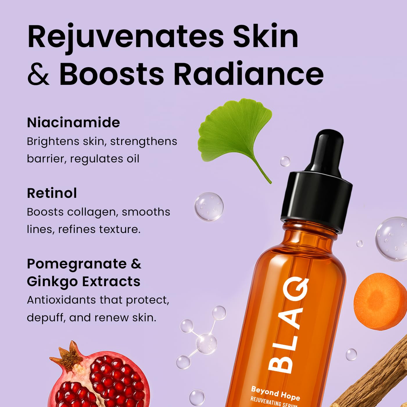 Blaq Beyond Hope Rejuvenating Serum with Niacinamide, Retinol, Pomegranate and Ferments for skin brightening, nourishment and barrier protection with a natural glow. 30ml (1Fl Oz)