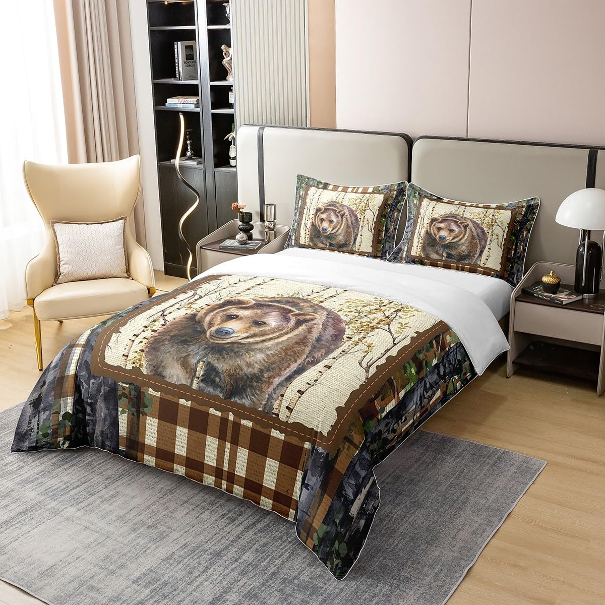 Erosebridal 100% Cotton Brown Bear Queen Bedding Sets for Boys,Woodland Decor Wildlife Duvet Cover Wild Animals Comforter Cover,Grid Lattice Checked Plaid Birch Trees Rustic Bed Set