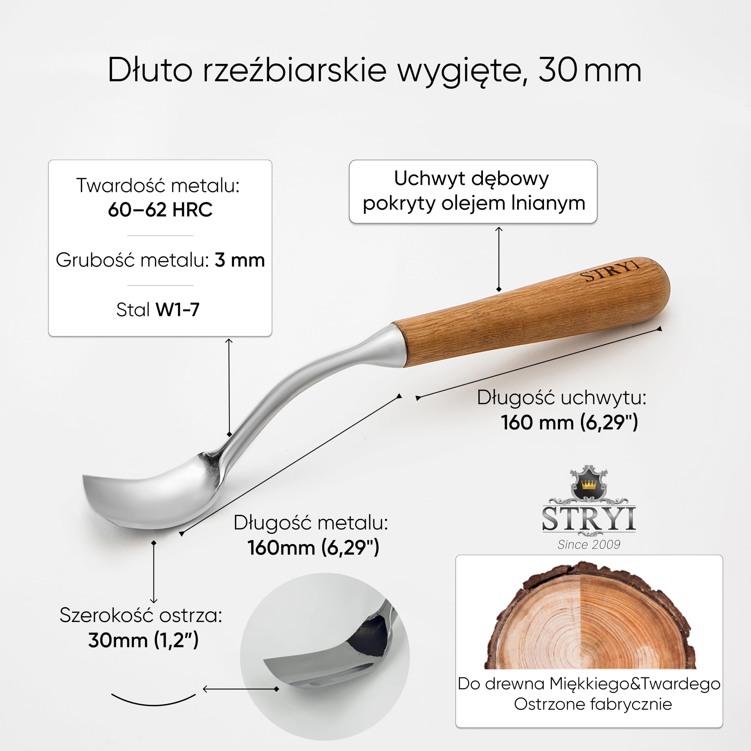 STRYI Profesjonalne, duże, zakrzywione żelazko – 30 mm – ręcznie kute narzędzie do głębokiego rzeźbienia w drewnie – idealne do kuksa, łyżek, misek – dłuto do misek
