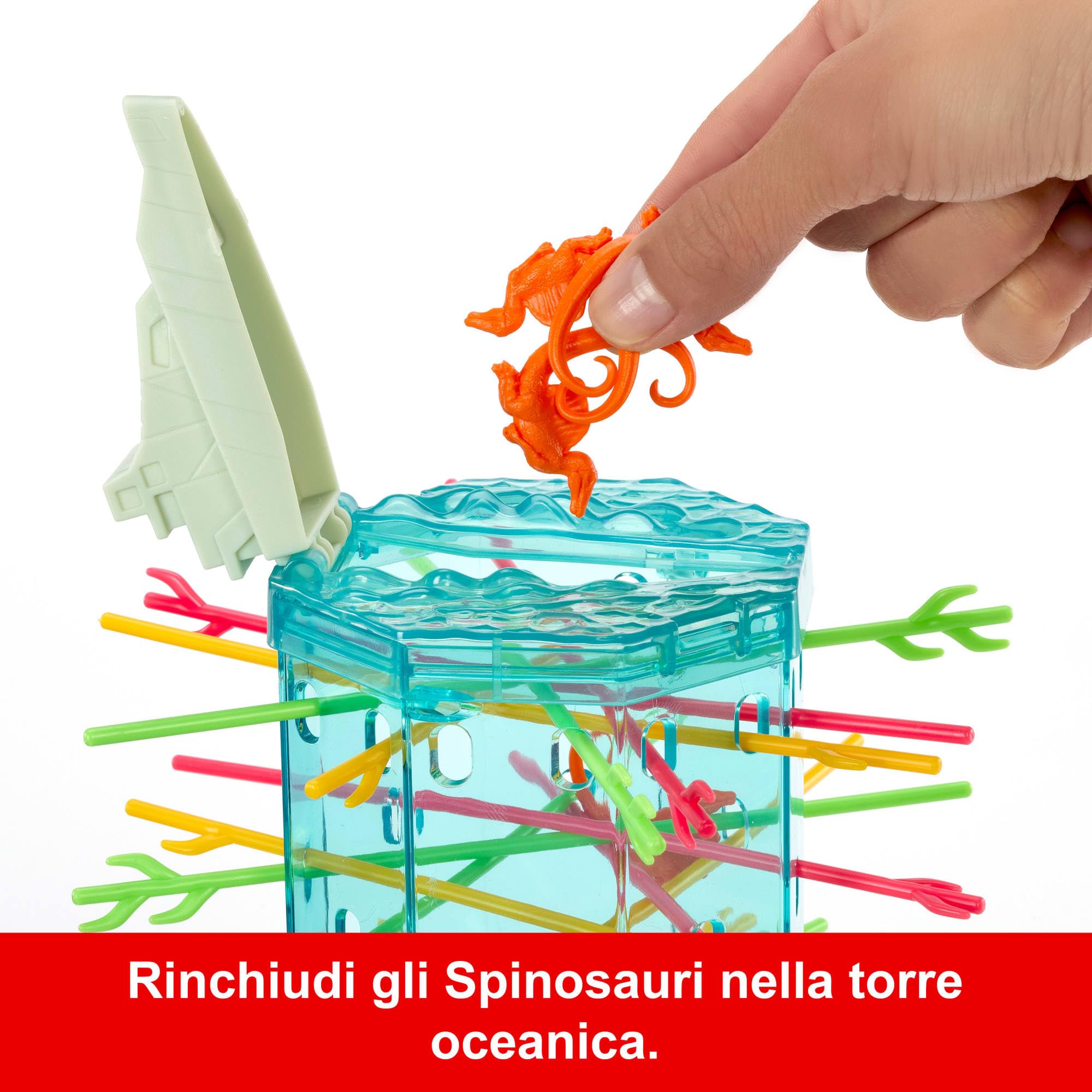 Mattel Games ​Salve le Scimmie Jurassic World La Rinascita, gioco per bambini e famiglia con torre oceanica e spinosauri ispirati al film., JFW44