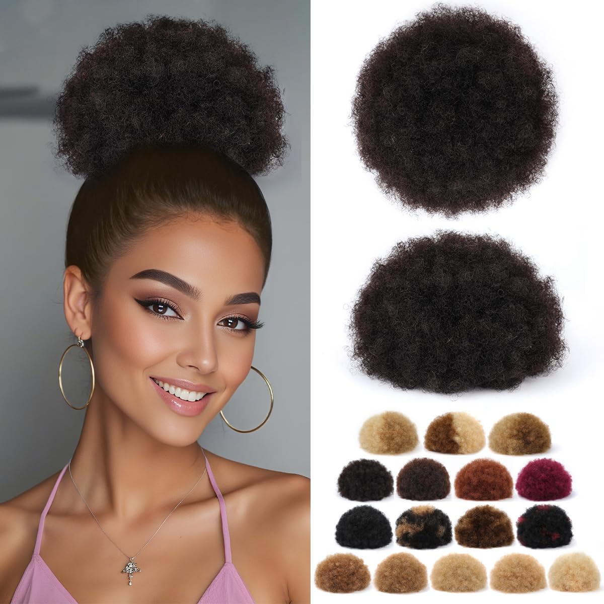 Afro Puff Drawstring Ponytail for Black Women #1B Natural Black Brazilian Virgin Human Hair 8 Inch Durable Natural Soft and Smooth Kinky Curly Short Ponytail for Natural Hair